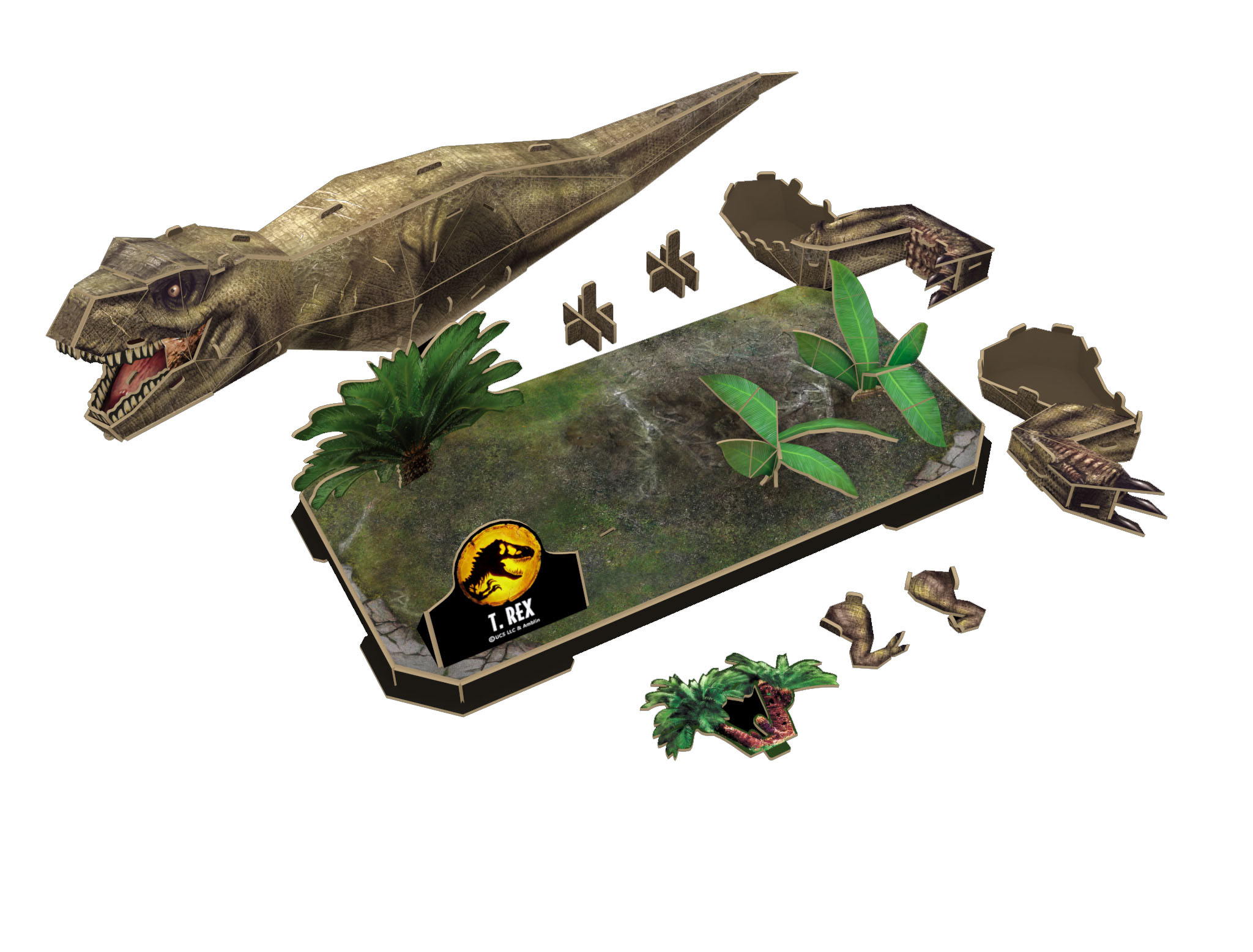 T-Rex dinosaurus puzzel. De puzzelstukken omvatten de dinosaurus, basis en omliggende planten.