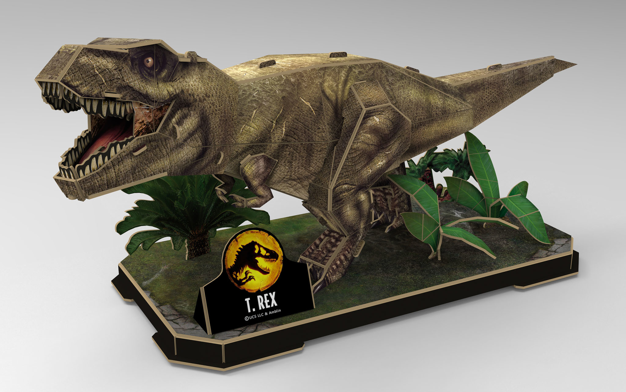 Een T-Rex-model staat op een basis met een Jurassic Park-logo.