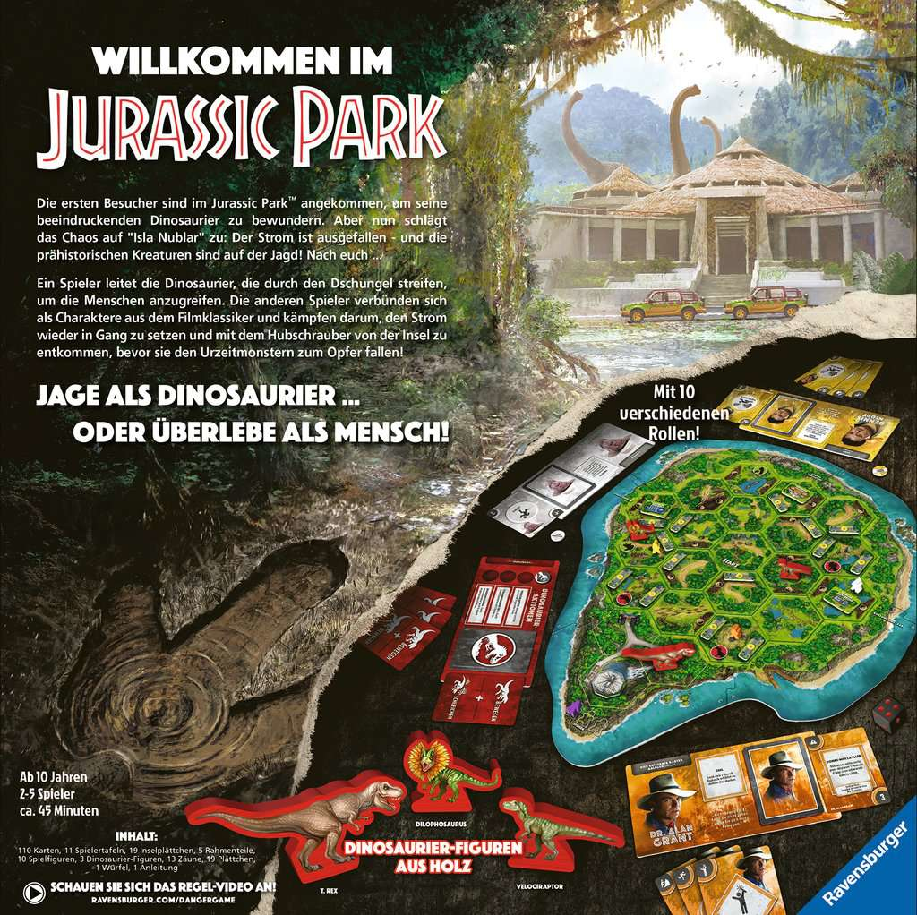Jurassic Park Brettspielbox, Spielsteine und Spielbrett. Illustration von Dinosauriern.