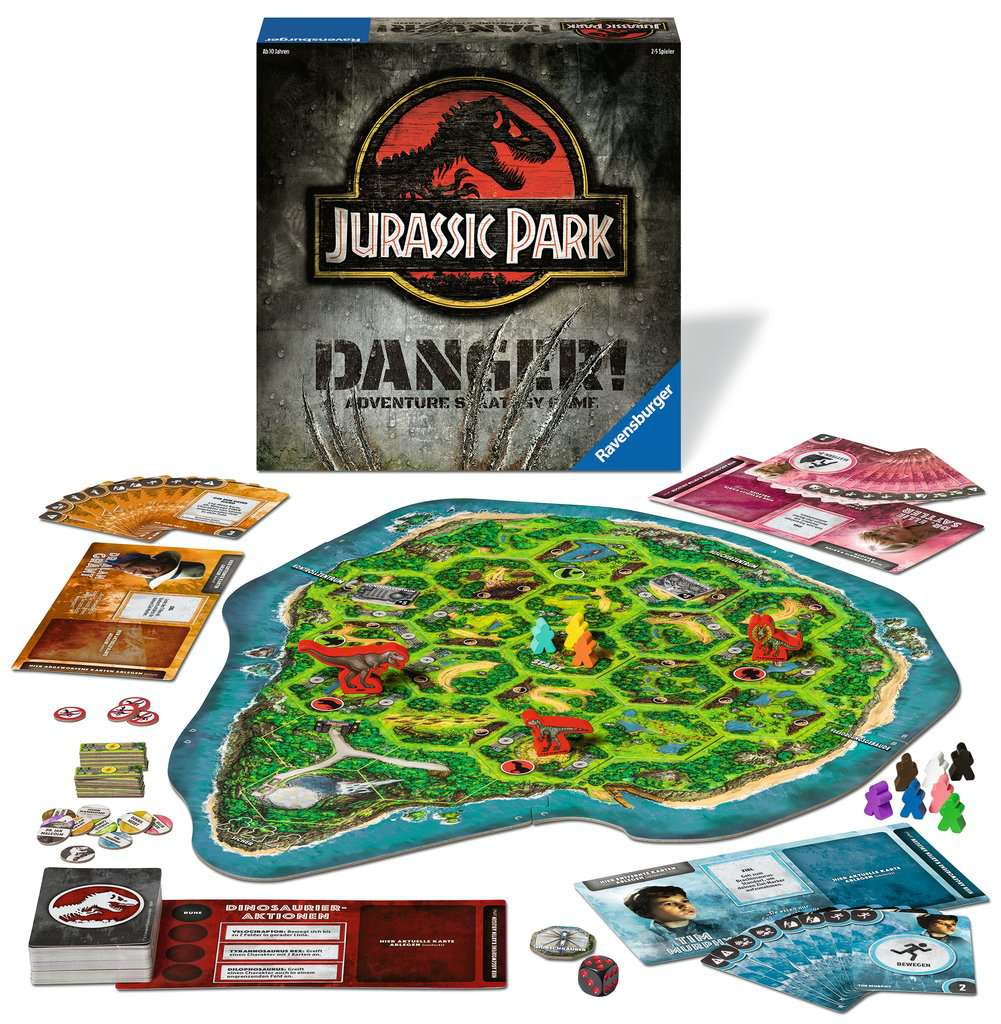 Jurassic Park Brettspielbox und Spielkomponenten. Eine Karte ist in der Mitte. Dinosaurier- und Menschenfiguren.