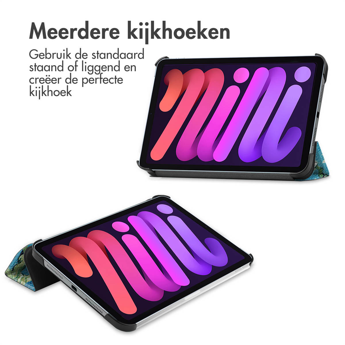 Twee tablets in beschermhoezen; één rechtop, één gekanteld, met kleurrijke graphics.