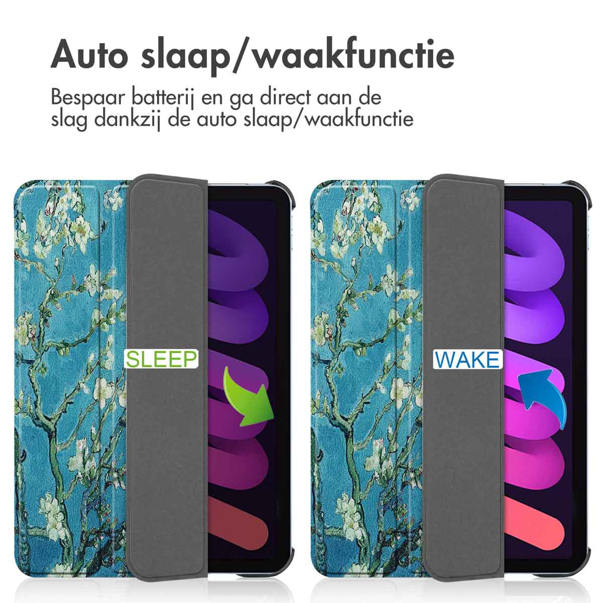 Tablethoes met bloemenontwerp. Toont de slaap- en wekfunctie. De hoes is open en toont het scherm.