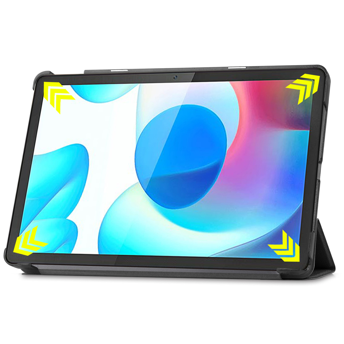 Tablet in a black case, with a vibrant abstract design on the screen and yellow arrows.