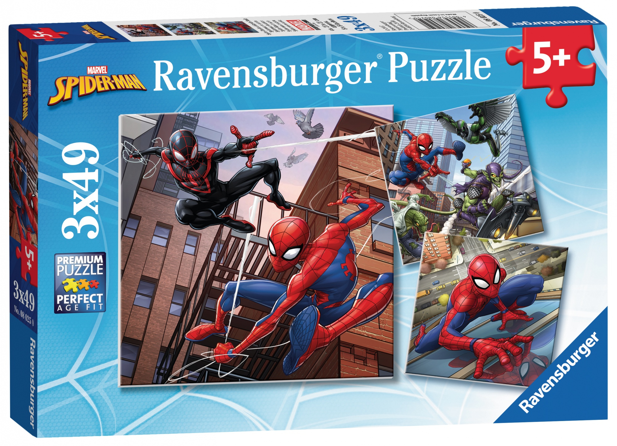 Pudełko z puzzlami Spider-Man: Spiderman w akcji w mieście z innymi Spider-Manami.