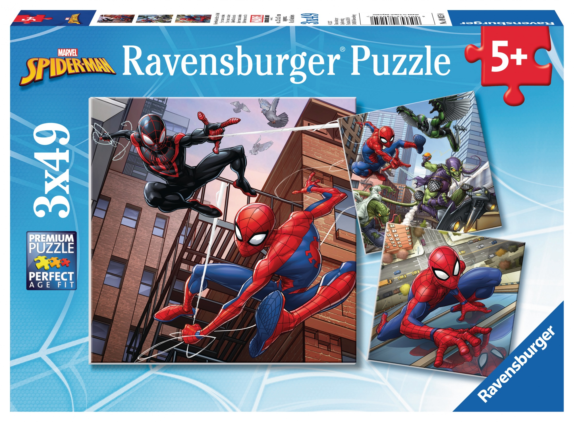 Pudełko z puzzlami Spider-Man: Spiderman w akcji w mieście z innymi Spider-Manami.