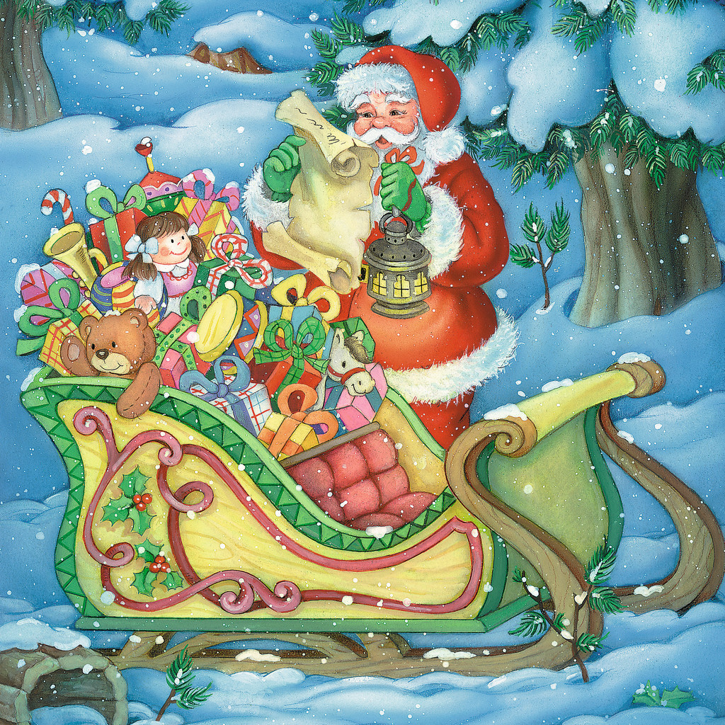 Weihnachtsmann mit einem Schlitten voller Geschenke in einem verschneiten Wald. Bunt, Cartoon-Stil.
