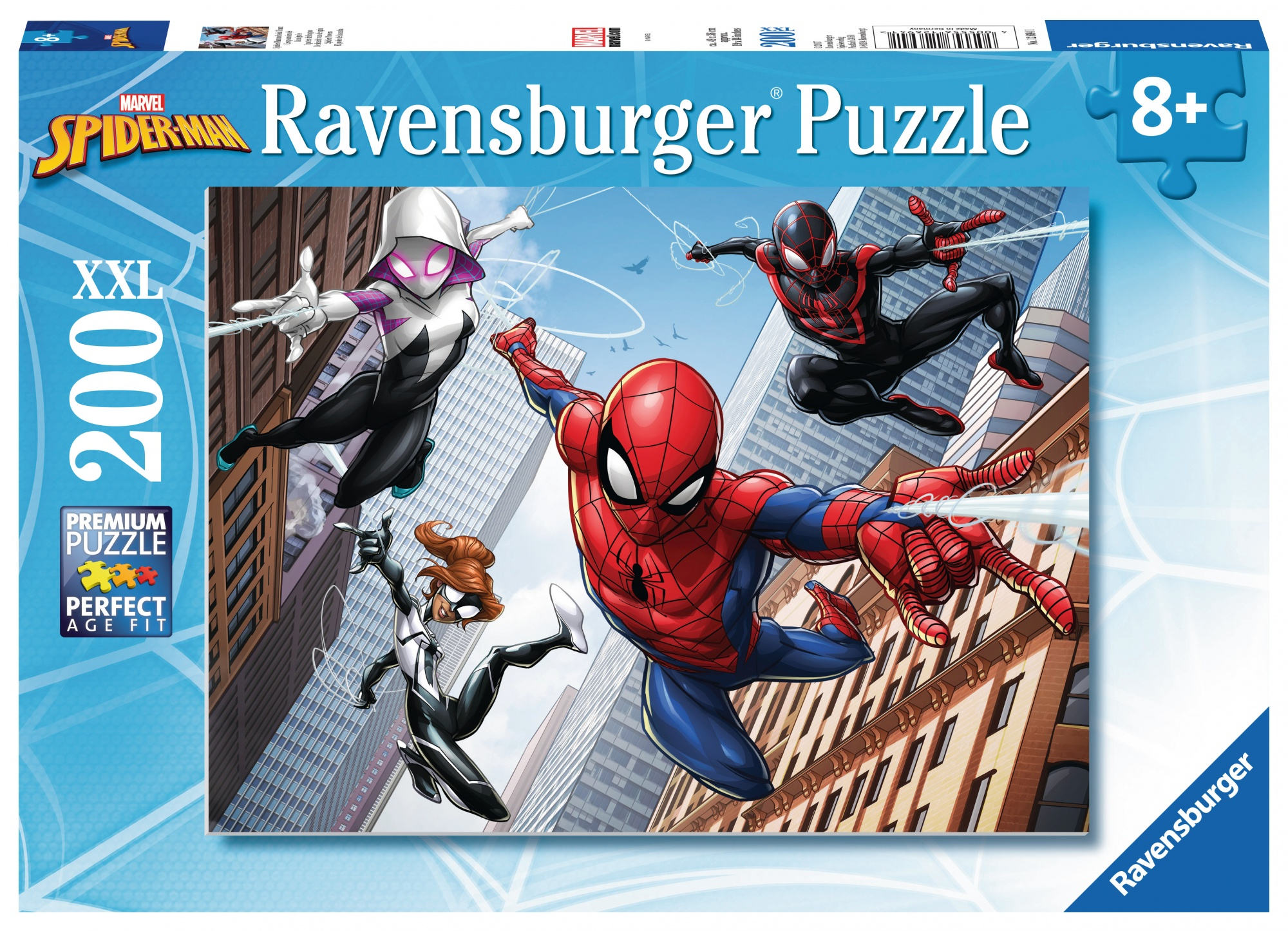 Pudełko z puzzlami Spider-Man z czterema Spideys, tłem miejskim i logo Ravensburger.
