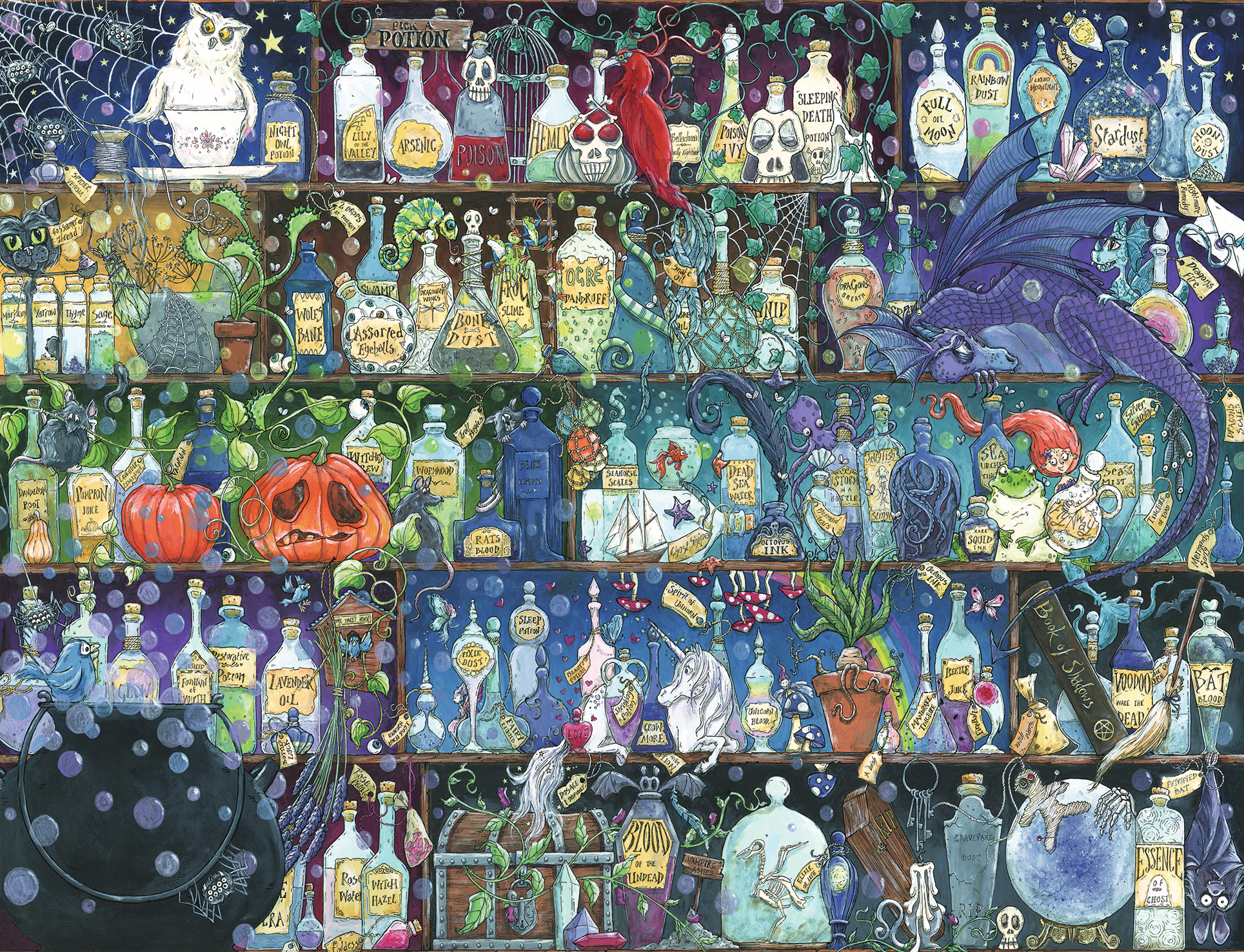 Ilustracja półki wypełnionej butelkami z eliksirami, magicznymi stworzeniami i kotłem. Mroczna, fantastyczna scena.