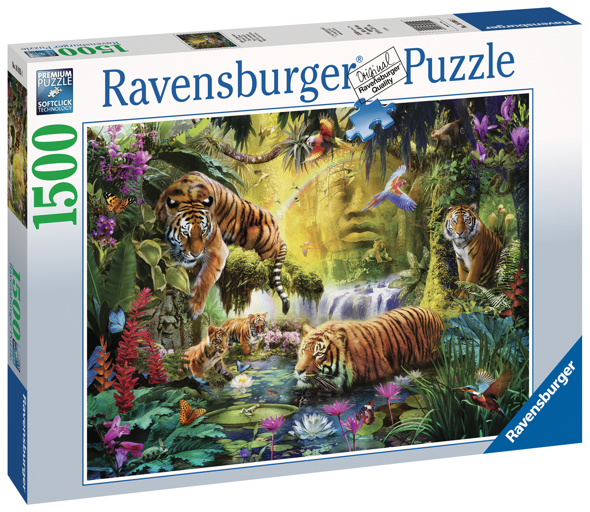 Ravensburger Puzzleschachtel mit einer Dschungelszene. Tiger, Wasserfall und üppiges grünes Laub sind sichtbar.