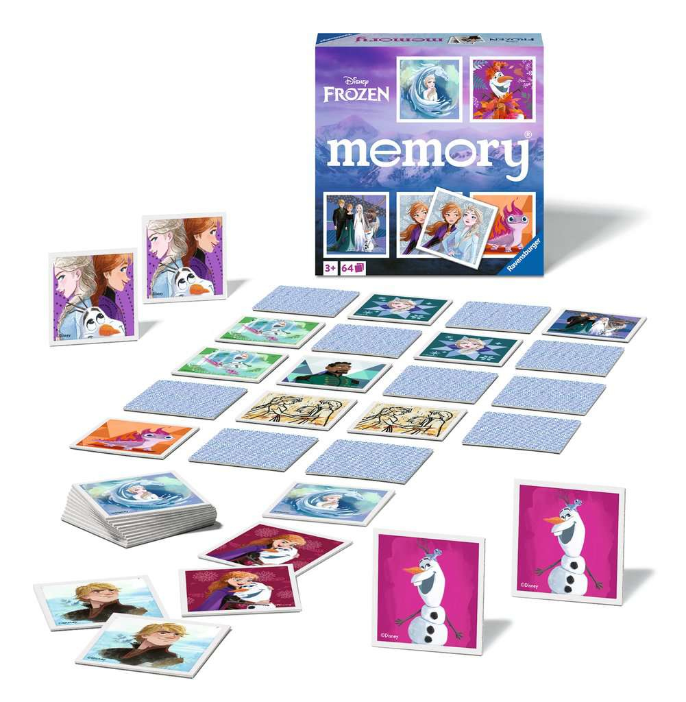 Disney Frozen Memory-Spiel. Karten sind mit Charakteren aus dem Film ausgelegt. Spielbox im oberen Hintergrund.