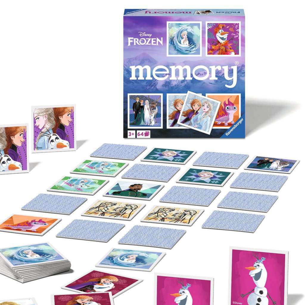 Disney Frozen Memory Spielbox und Karten. Karten zeigen Frozen-Charaktere wie Elsa und Olaf.