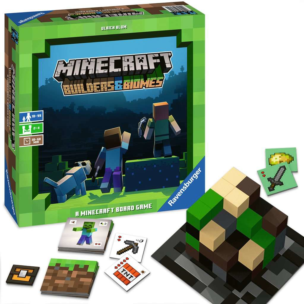 Pudełko gry planszowej Minecraft i elementy gry, w tym figurki i karty.