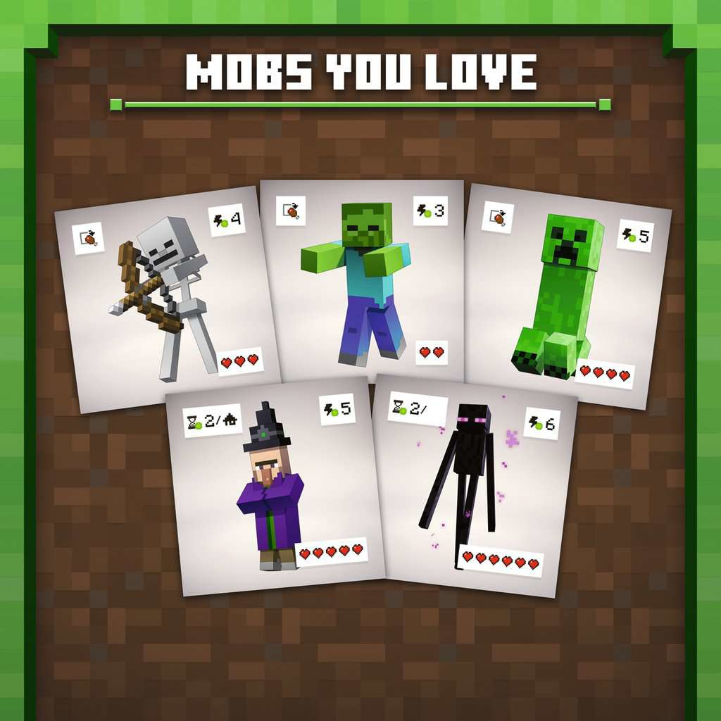 Pięć kart Minecraft. Szkielet, zombie, creeper, wiedźma i enderman.