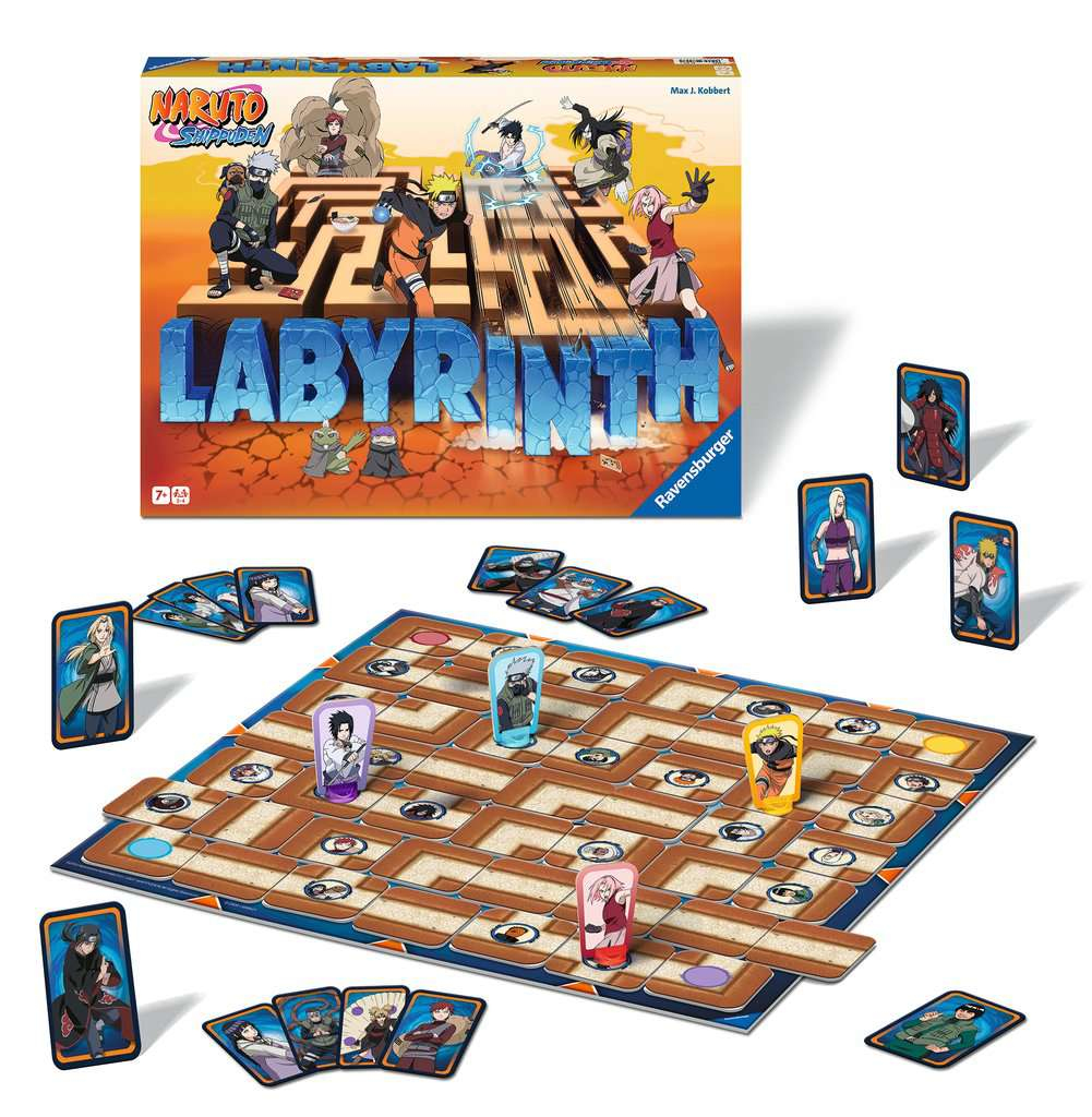 Gra planszowa Naruto Labyrinth z postaciami na planszy labiryntu, kartami i pudełkiem.