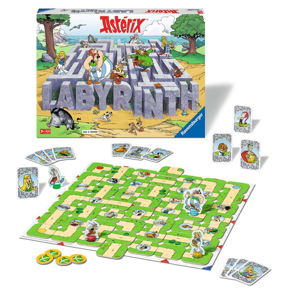 Il gioco da tavolo Asterix Labyrinth con pezzi e carte, su una superficie bianca.