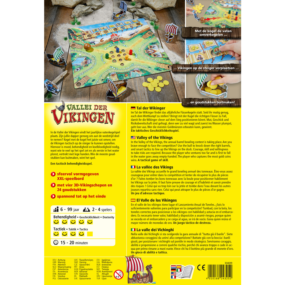 Spielkasten mit Text und Wikinger-Grafiken. Anweisungen in mehreren Sprachen sind vorhanden.