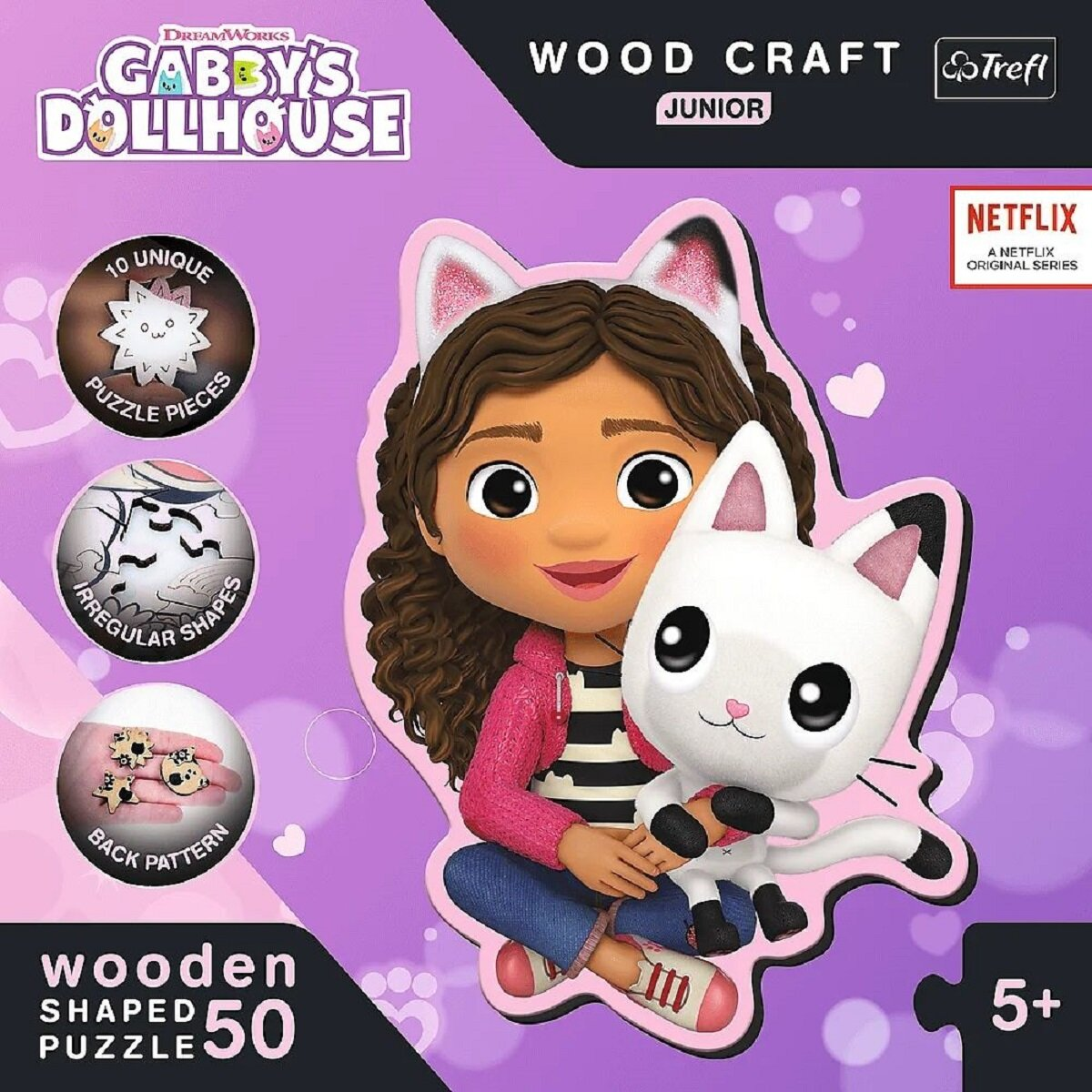 Scatola puzzle di Gabby's Dollhouse, con Gabby e Cat, con pezzi di puzzle e loghi.