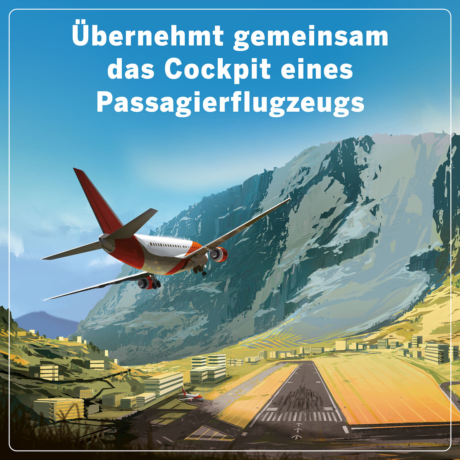 Flugzeug fliegt über Berge. Landebahn im Vordergrund. Blauer Himmel.