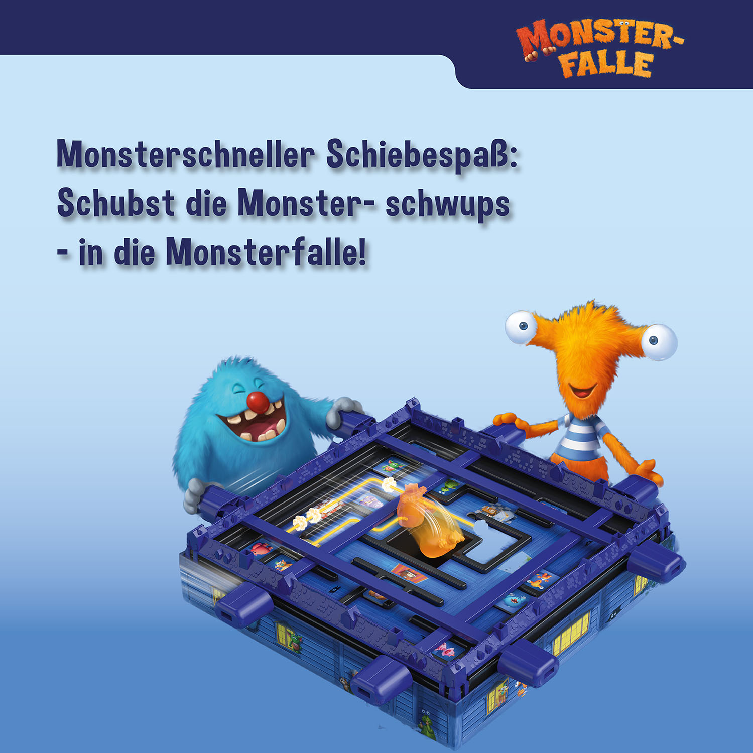 Ein Brettspiel mit Cartoon-Monstern und einem verspielten Spielbrett in Blau und Orange.
