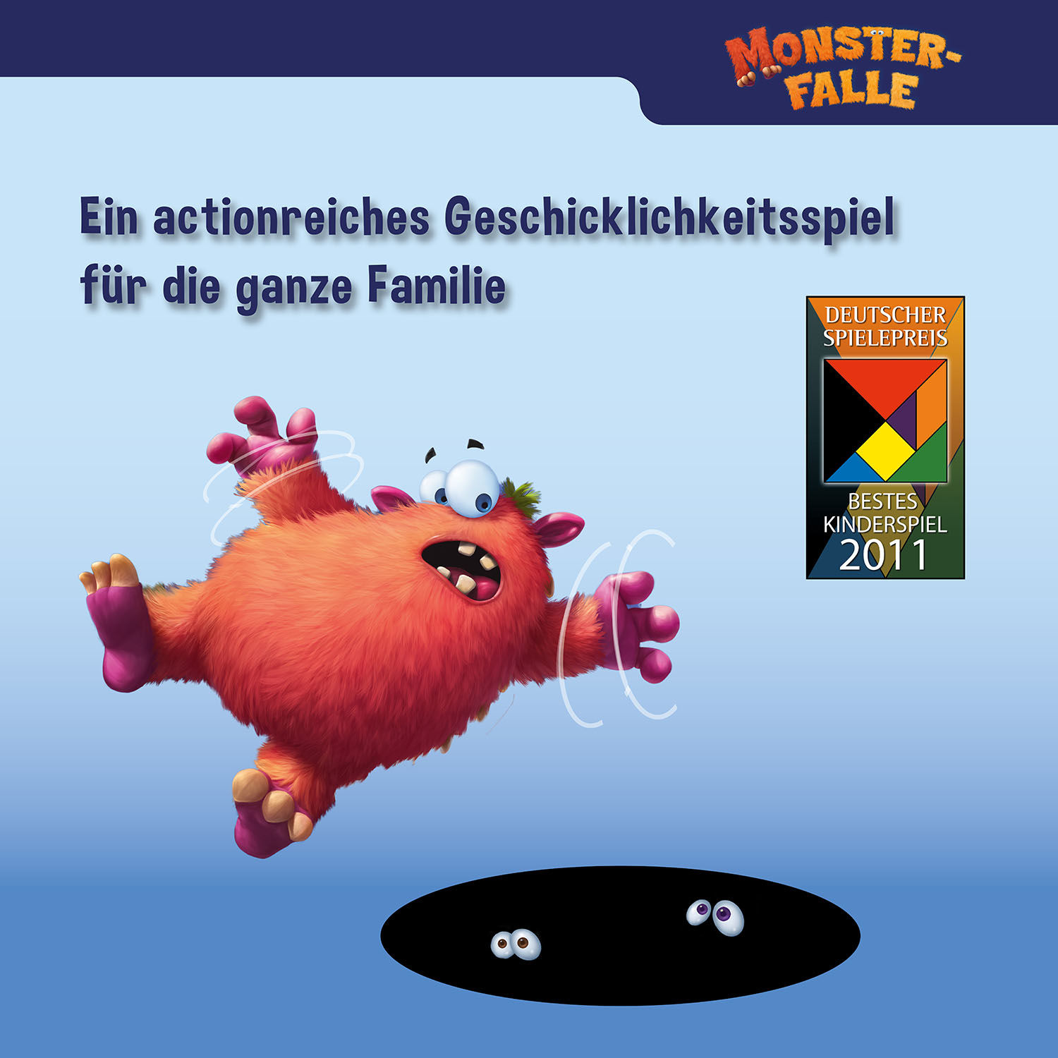 Ein Monster mit einem Spielelogo. Das Monster ist orange und hat einen offenen Mund.