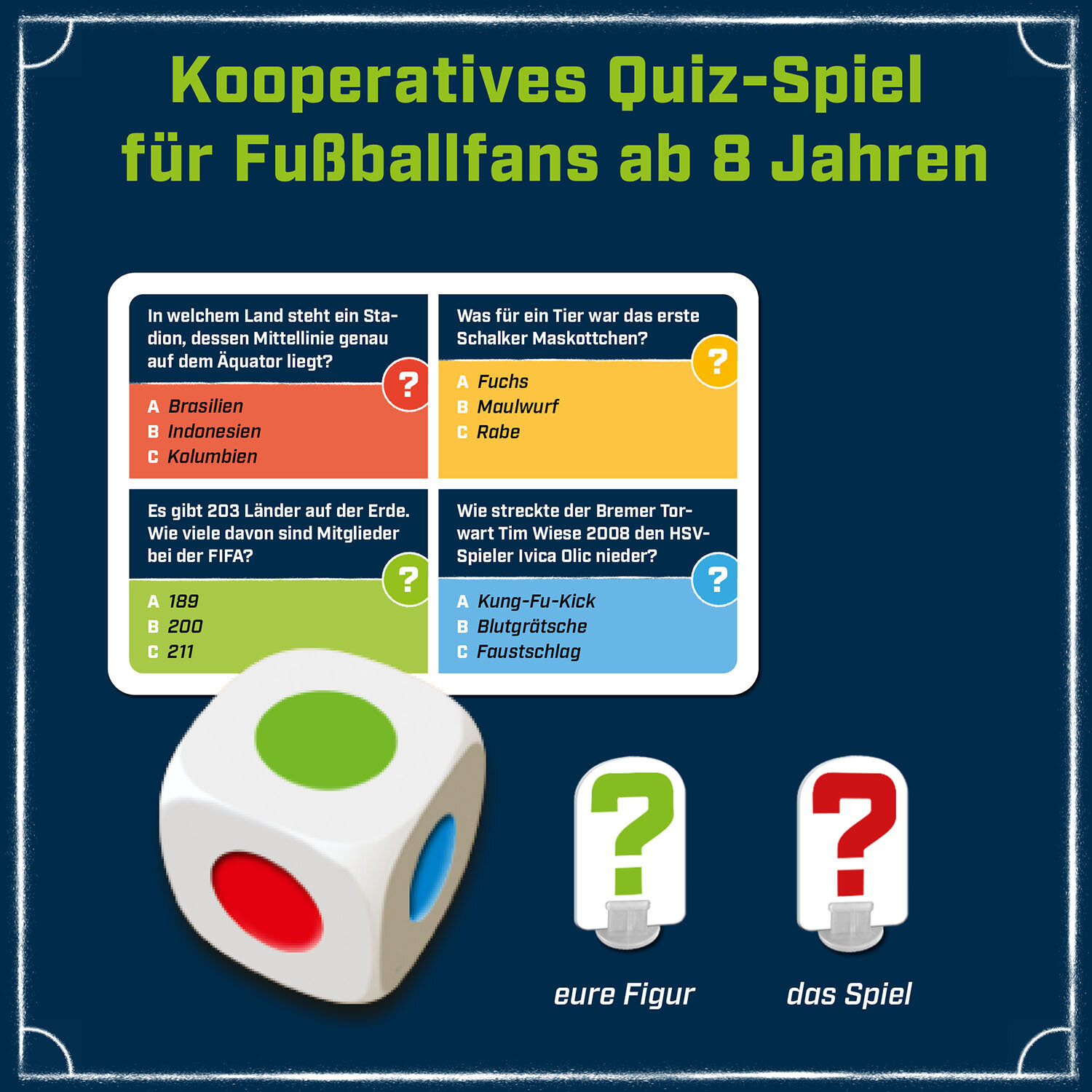 Quizspiel für Fußballfans. Bunte Karten und Würfel mit Fragen zum Fußball-Trivia.