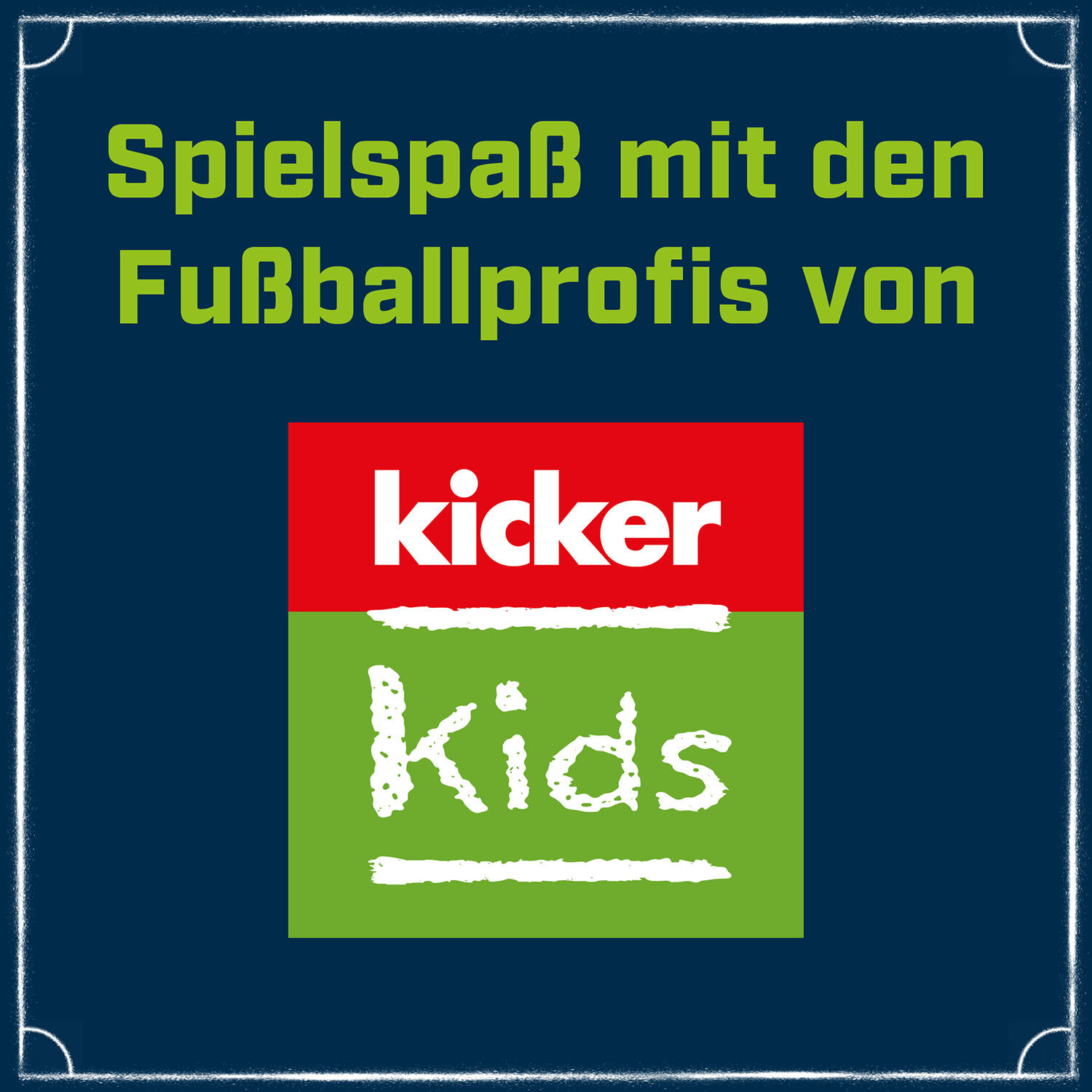 Kicker Kids Logo mit Text in Grün und Rot, auf dunkelblauem Hintergrund.