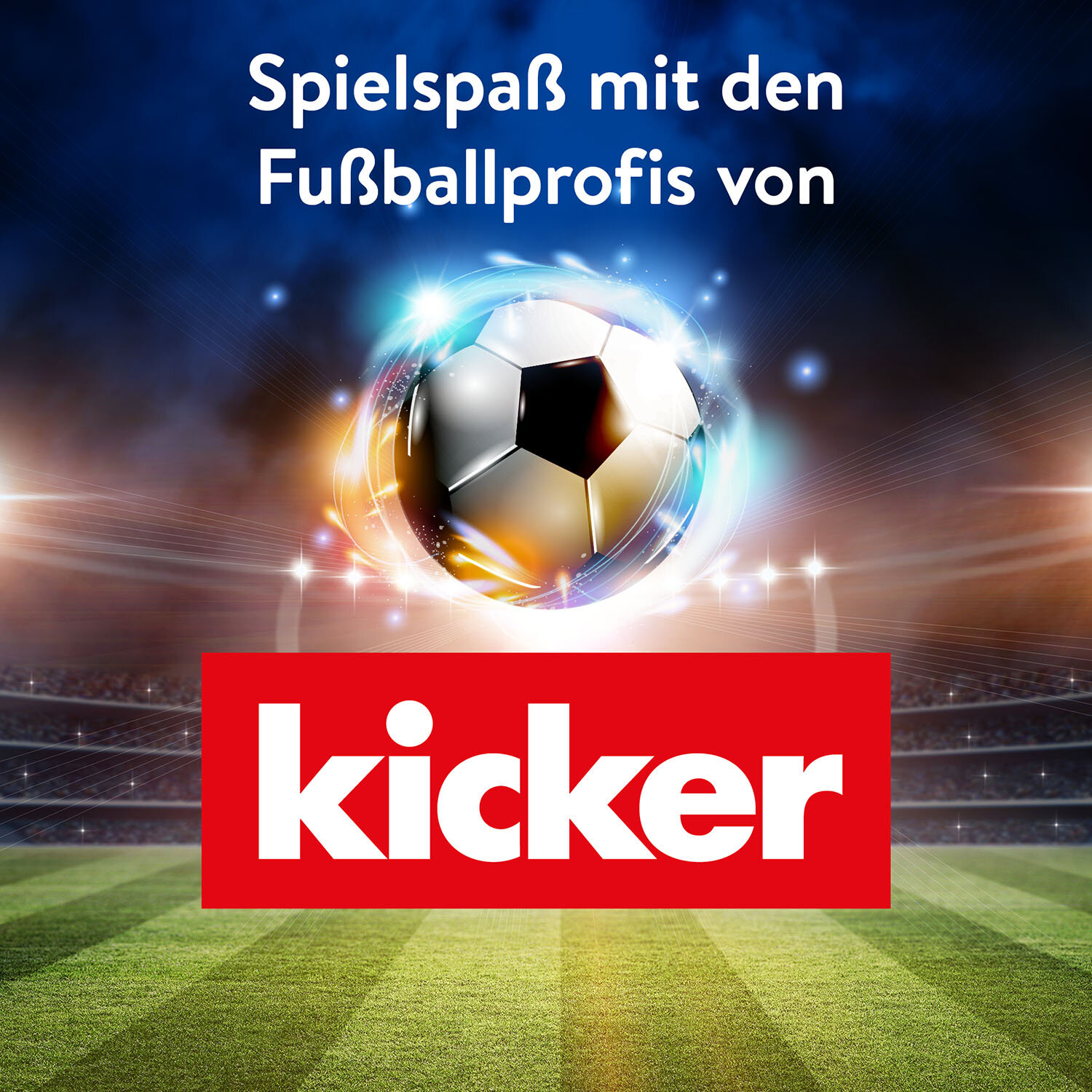Pallone da calcio con luce, sfondo stadio e logo 'kicker'.
