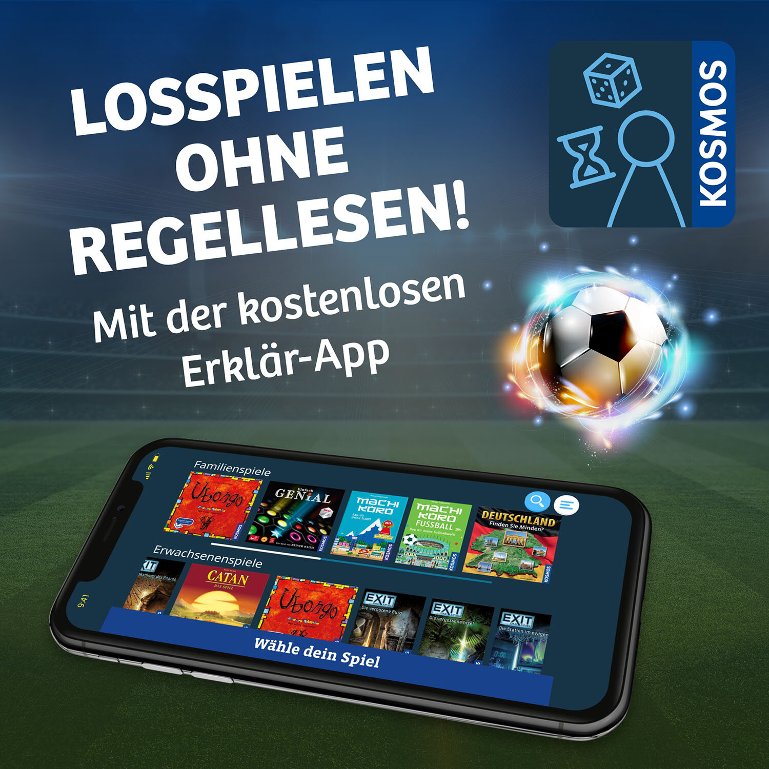 Uno schermo di smartphone che mostra l'interfaccia di un'app di gioco. Il testo è in tedesco, con uno sfondo di campo da calcio.