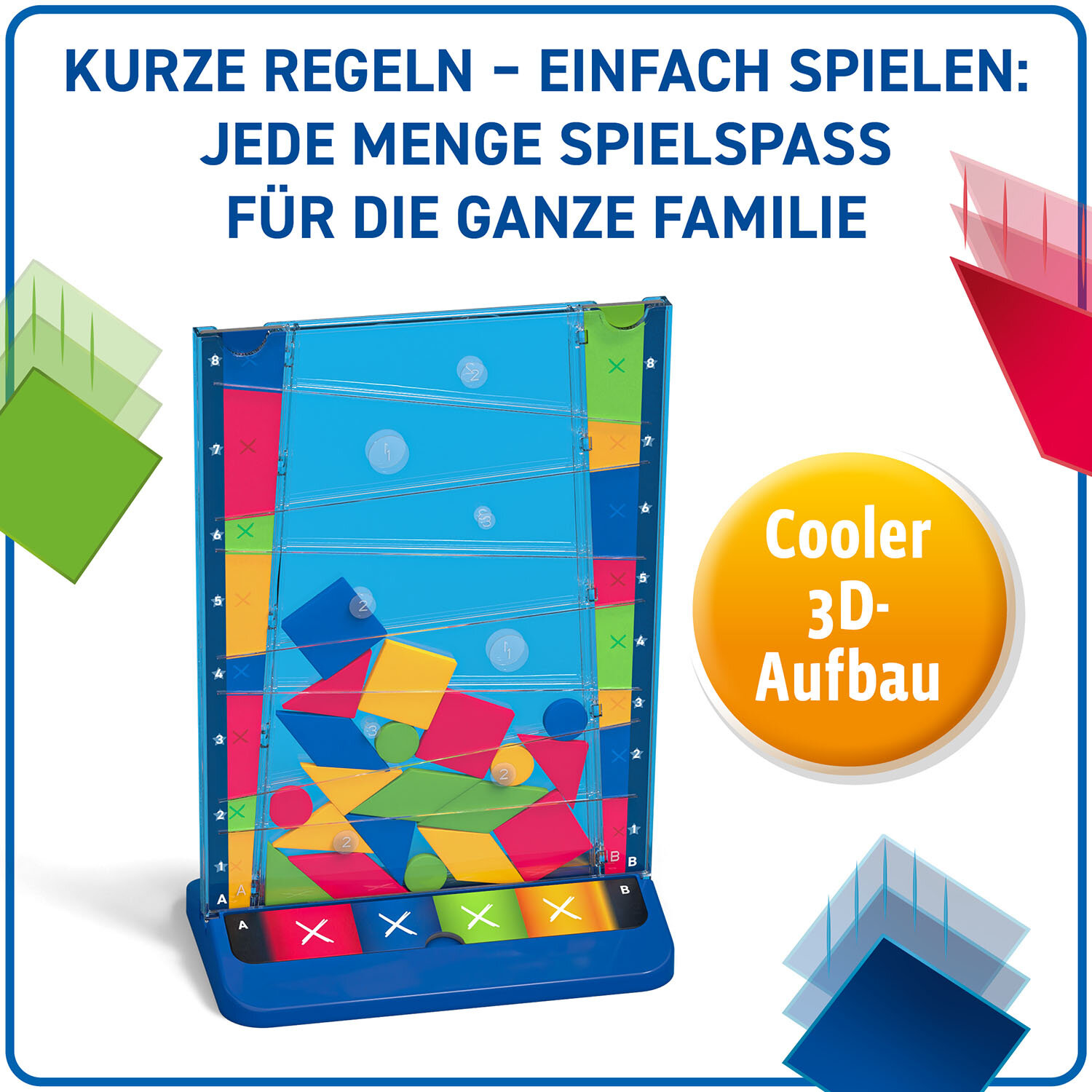 Gra planszowa z kolorowymi kształtami i tekstem w wielu językach. Gra nazywa się Cooler 3D.