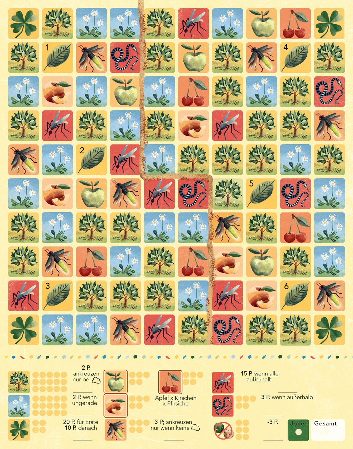 Spielbrett mit nummerierten Feldern und Illustrationen von Insekten, Früchten und einer Schlange.