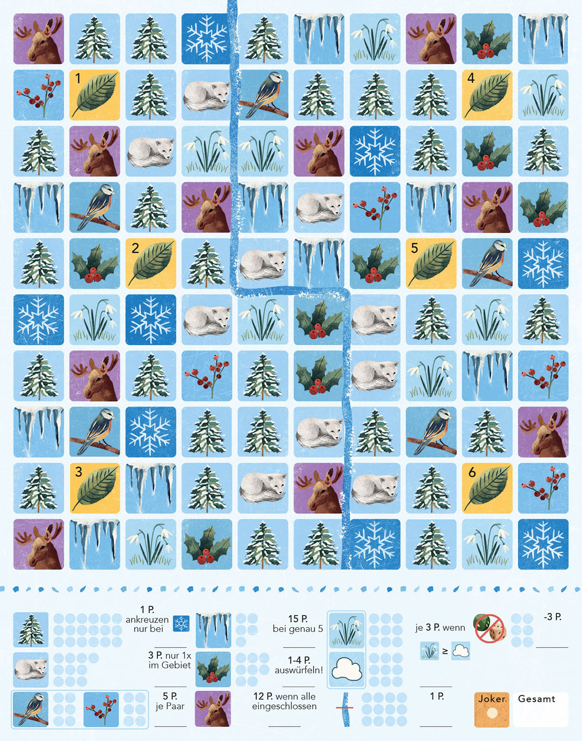 Brettspiel mit Wintersaison-Symbolen auf einem Raster.