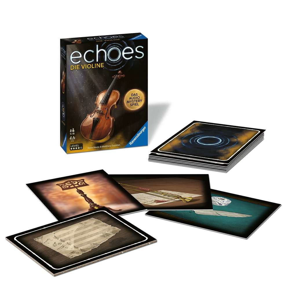 Verpacktes Brettspiel, Echoes Die Violine, mit Spielkarten. Die Schachtel zeigt eine Geige.