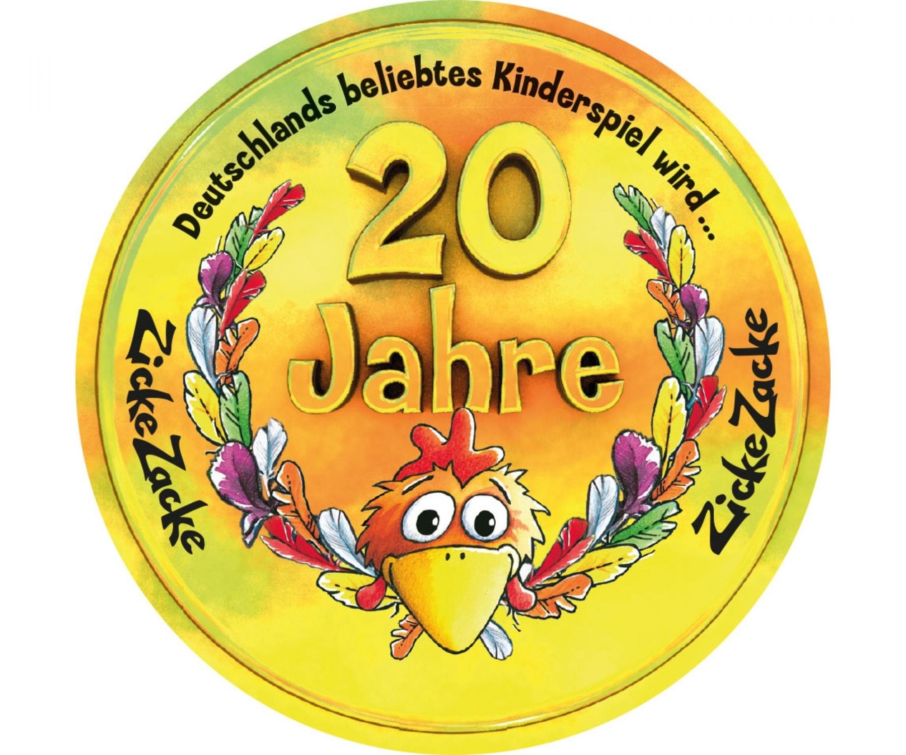 Ein rundes, gelbes Spielbrett mit Text und einem Cartoon-Hahn.