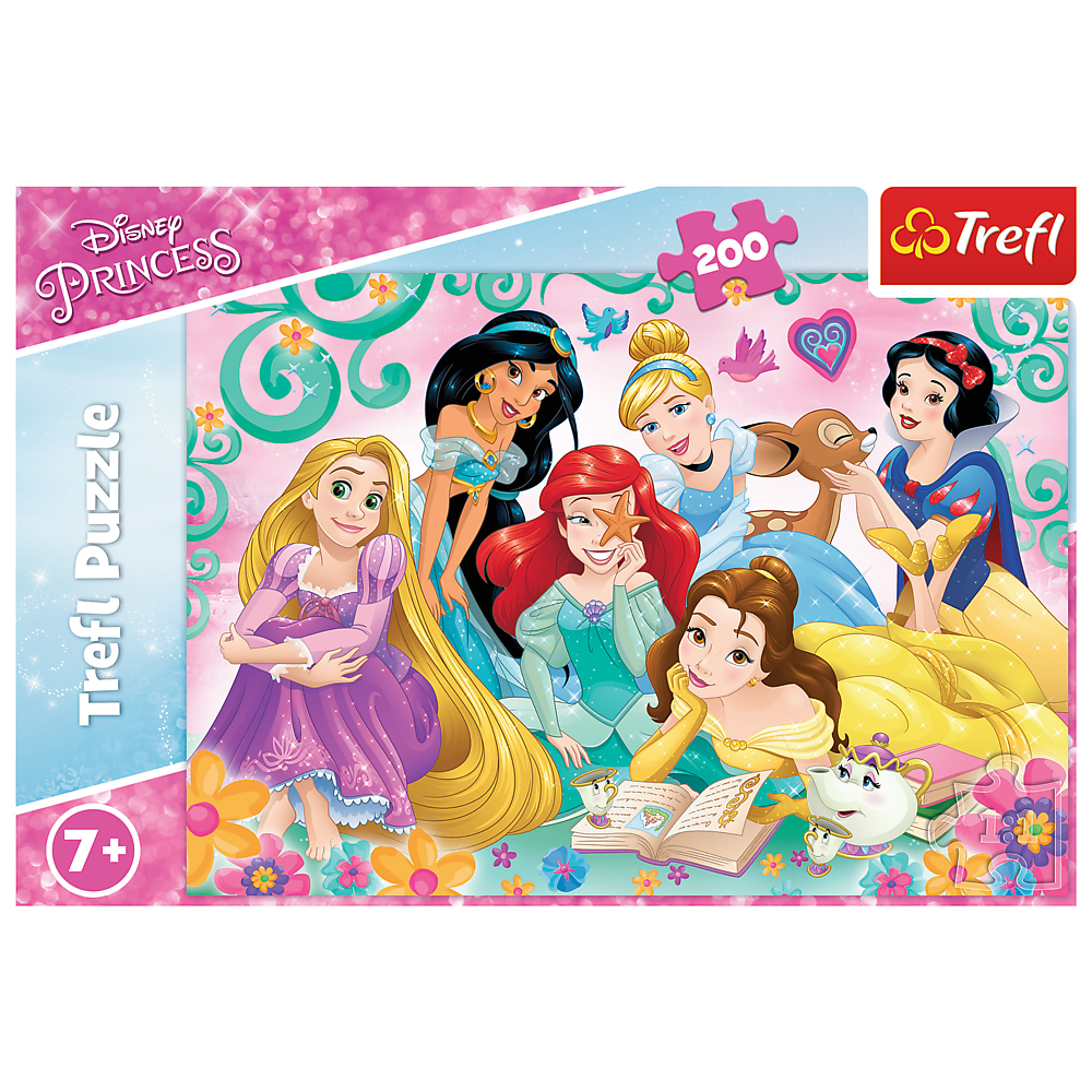 Disney Princess puzzle with multiple princesses, flowers, and a 200-piece count.