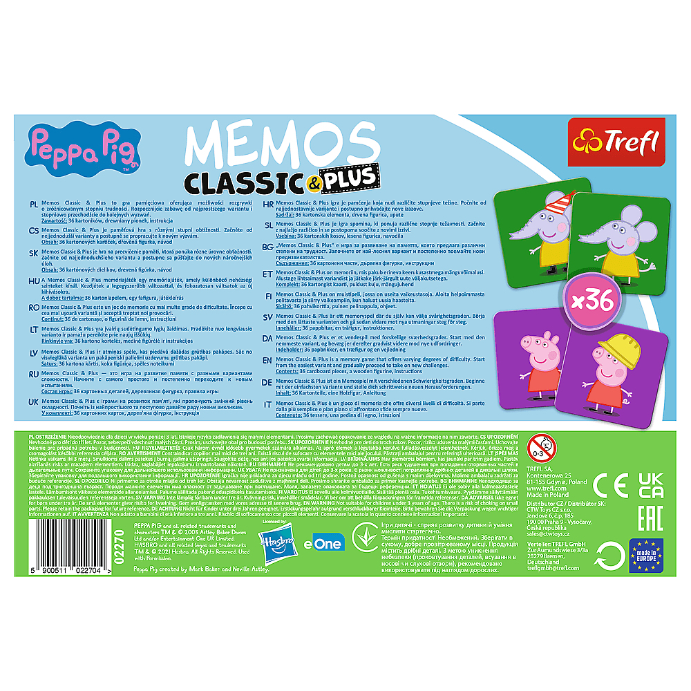 Pudełko gry Peppa Pig Memos Classic & Plus z różnymi kartami do gry.
