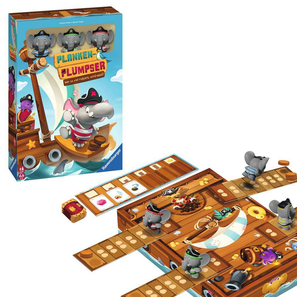 Brettspielbox mit Elefanten. Spielbretter mit Elefantenfiguren. Piraten-Thema.