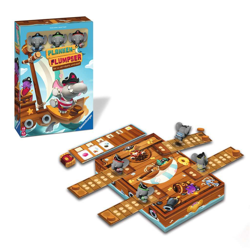 Brettspiel mit Piratenschiff und Elefantenfiguren. Box im Hintergrund.