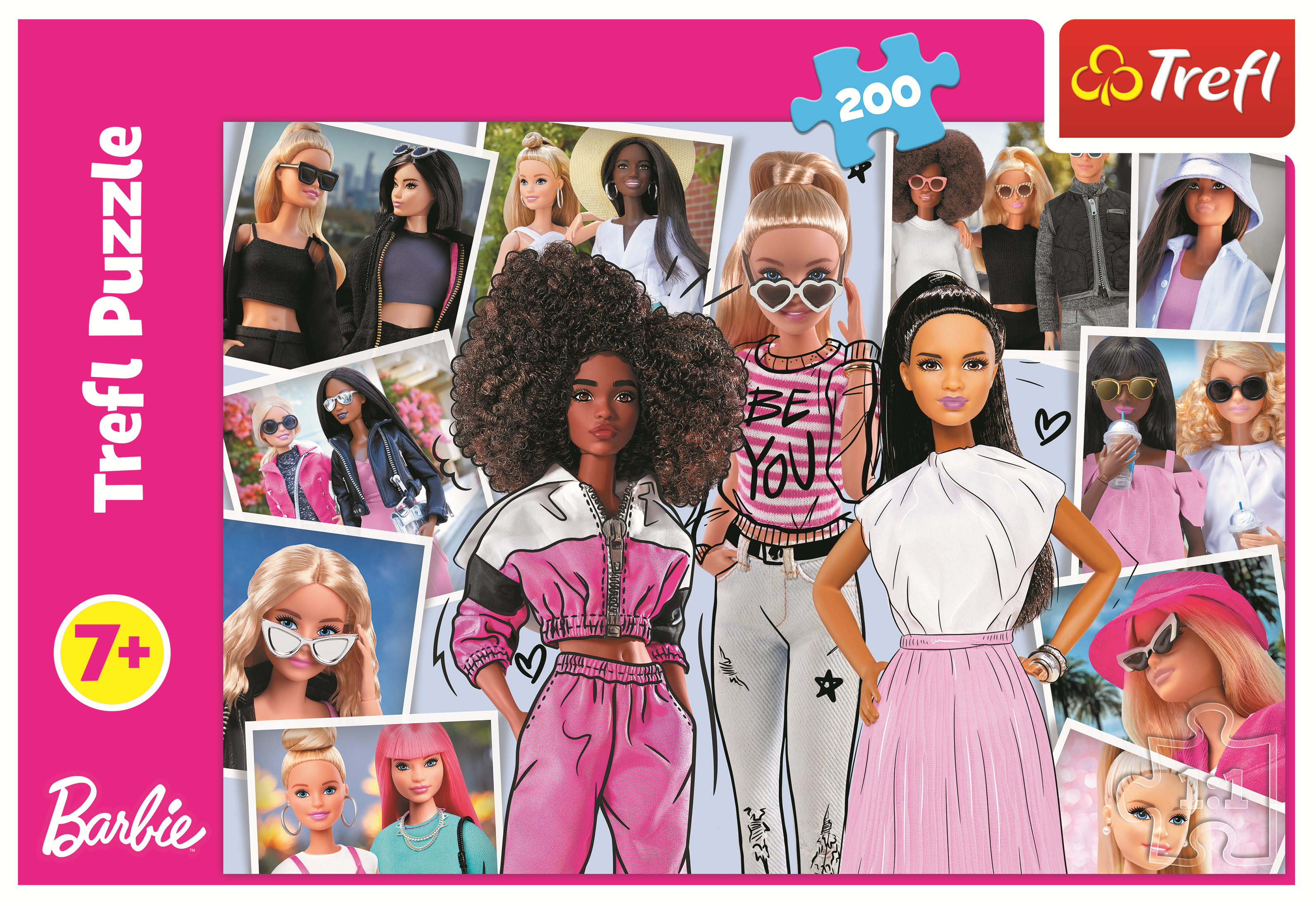 Puzzle z motywem Barbie przedstawiające różne lalki Barbie w różnych strojach.