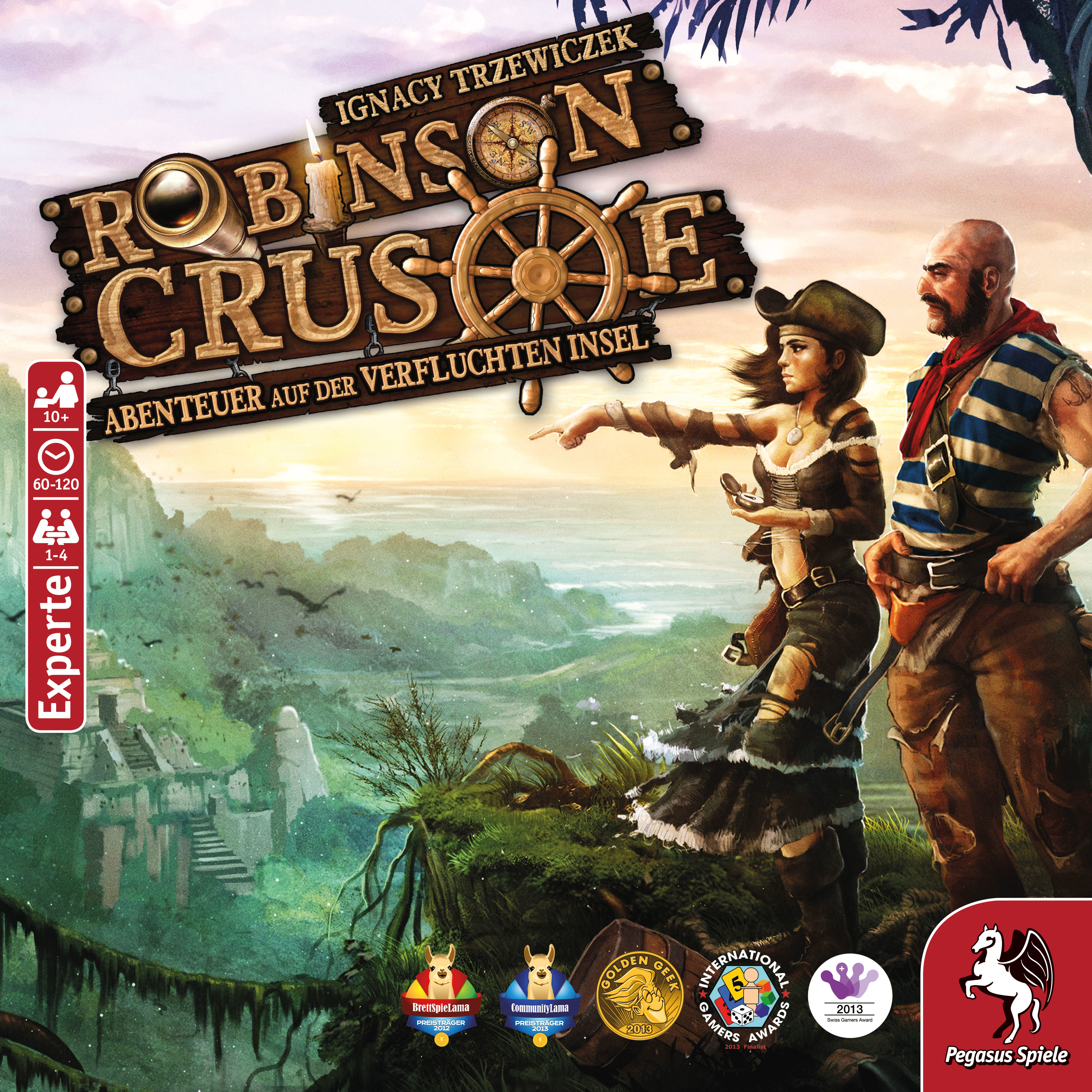 Brettspielbox von Robinson Crusoe, mit Spielsteinen, die um das Cover verstreut sind.