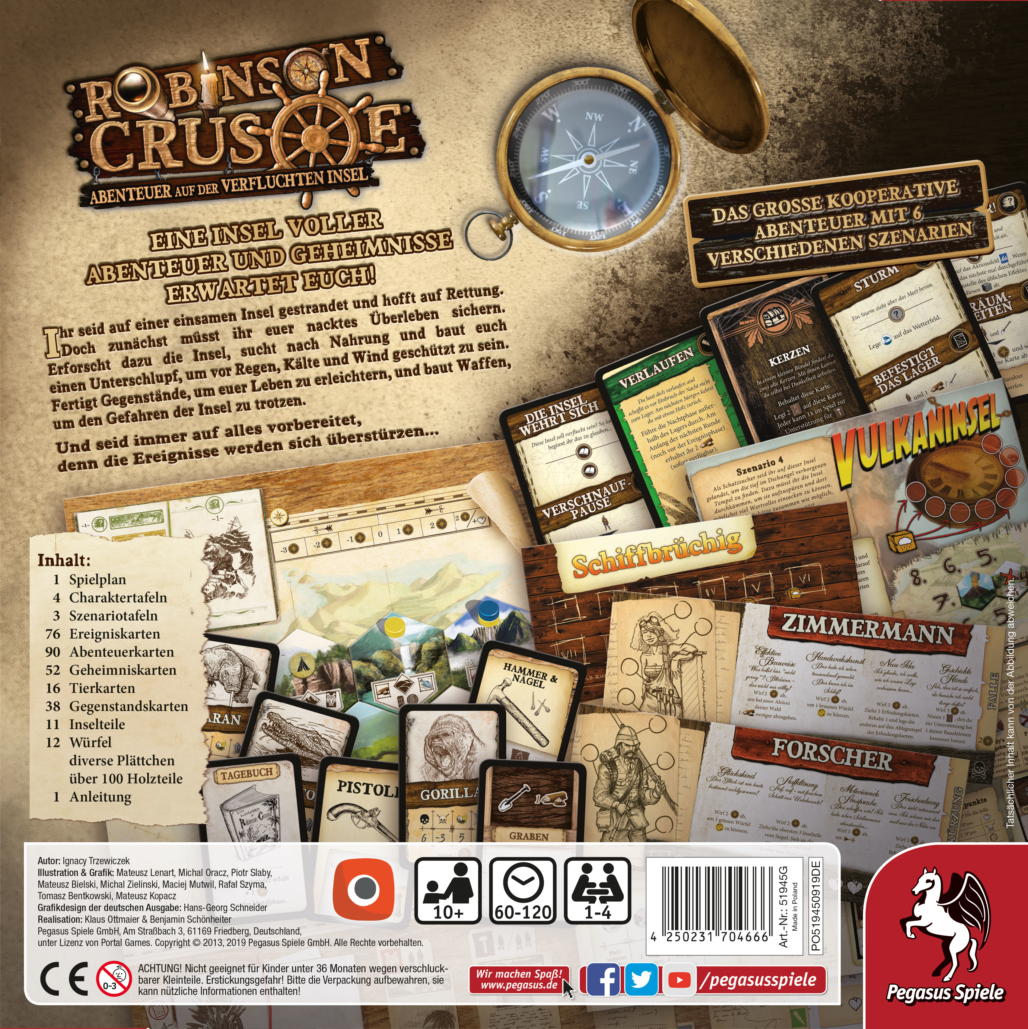 Die Rückseite einer Brettspielbox mit Text und Bildern, mit einem Kompass und einer Inselkarte.