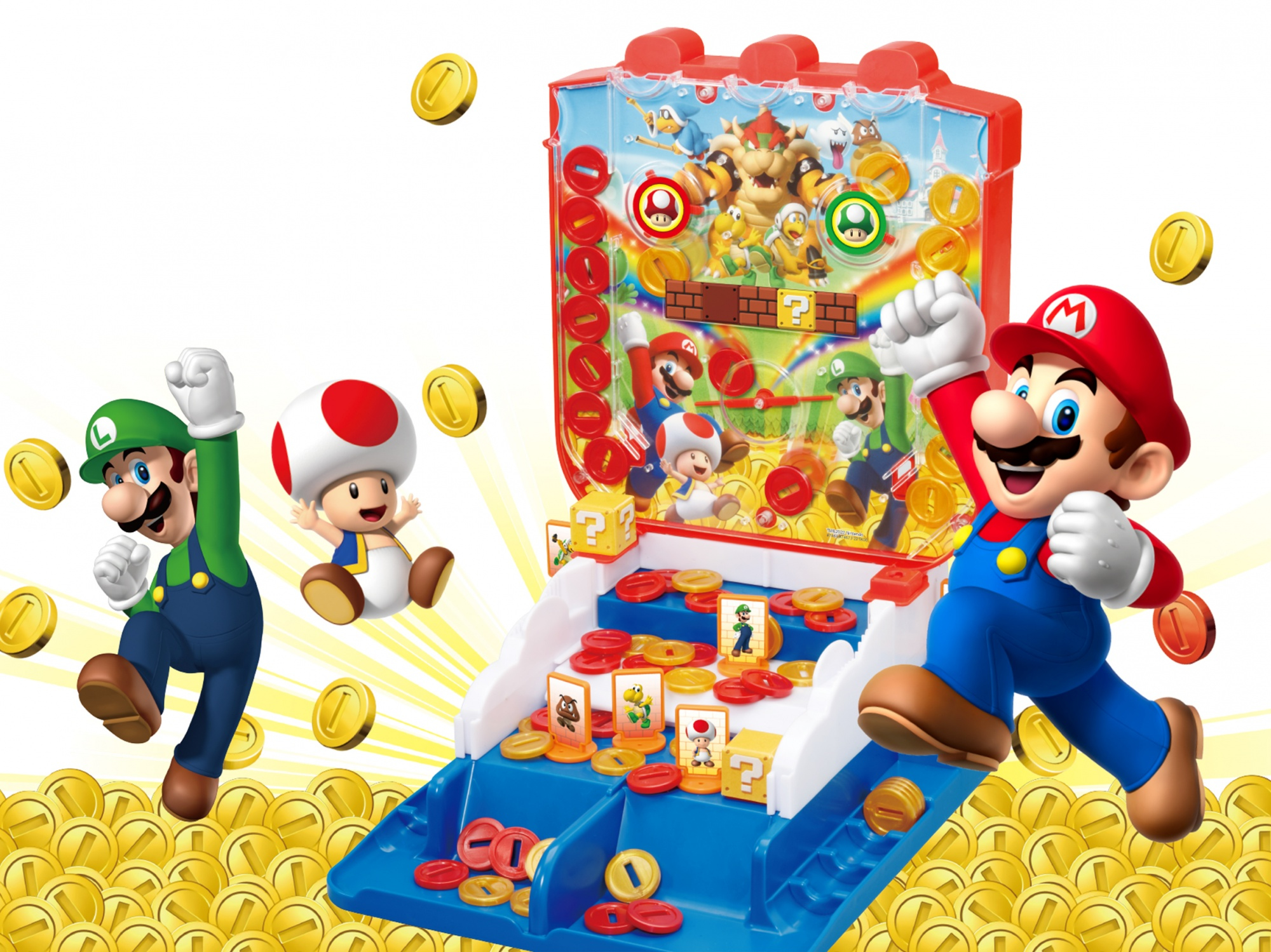 Mario, Luigi e Toad con una macchina arcade piena di monete.