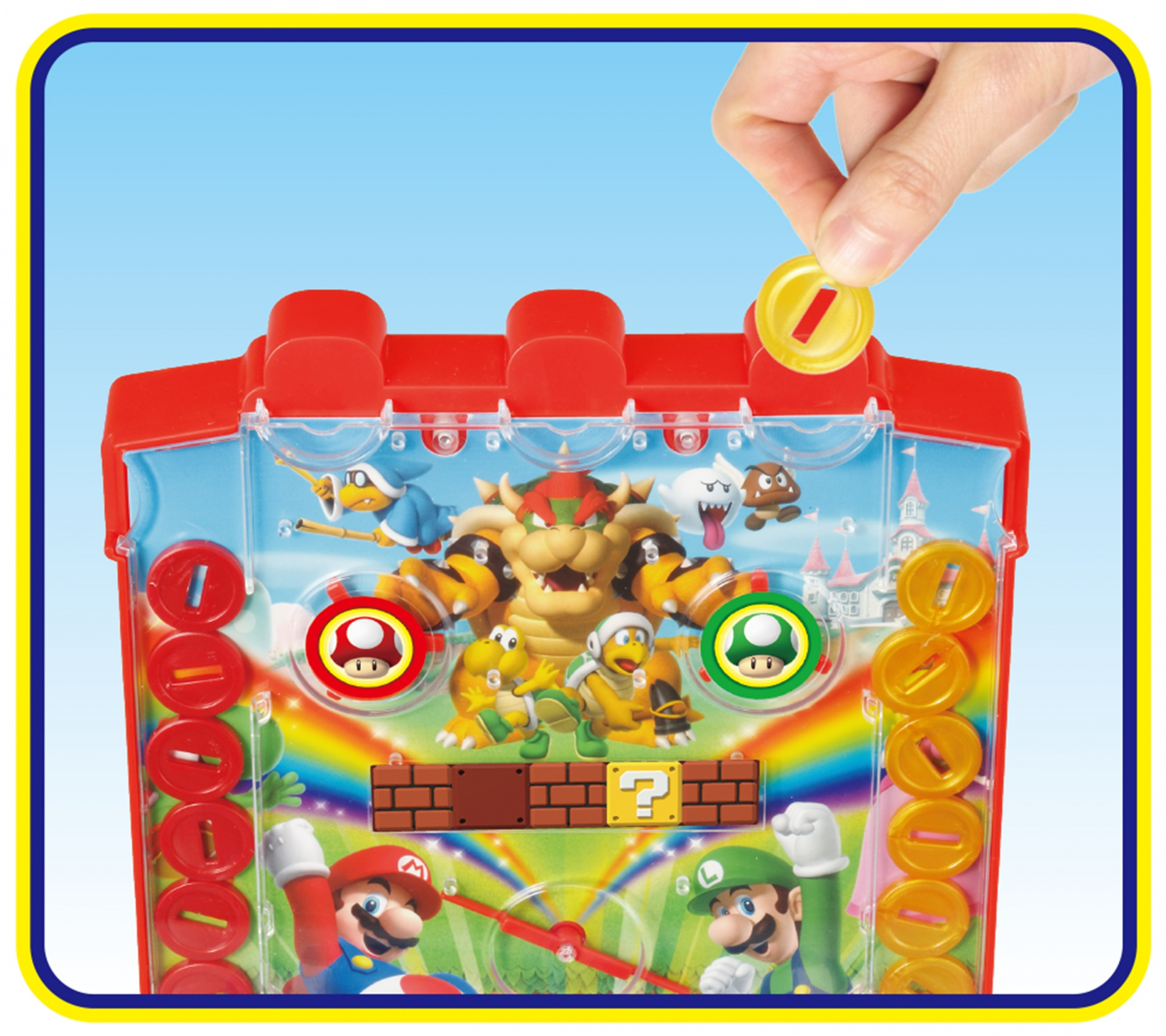 Una persona mette una moneta in un cabinato arcade di Super Mario.