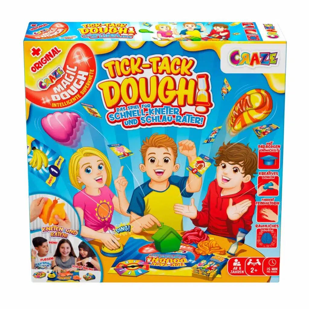 Eine Spielbox mit drei spielenden Kindern. Die Box zeigt den Spielnamen und Illustrationen des Spiels.