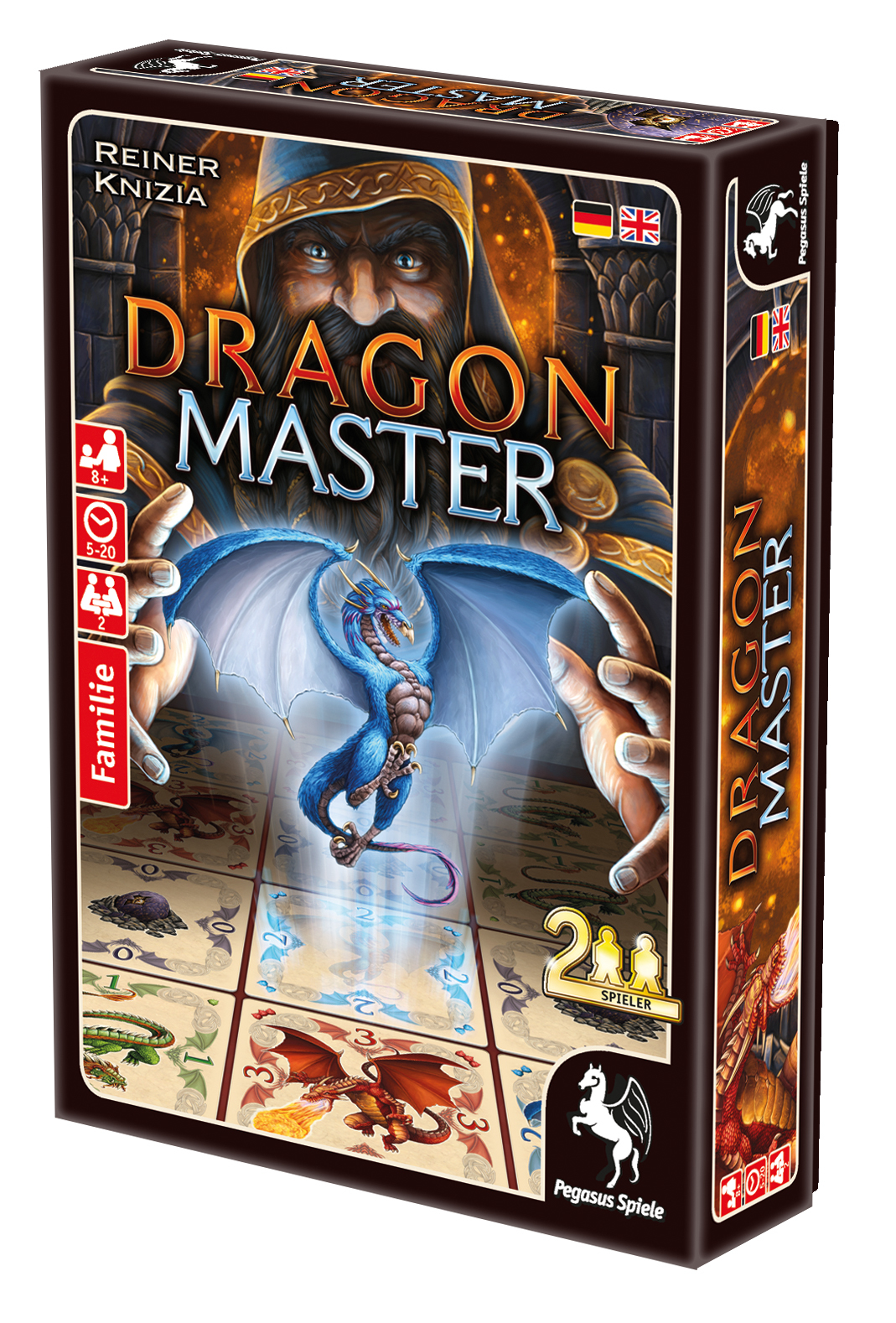 Spielbox mit Drachen- und Zaubererillustration. Text auf Englisch und Deutsch.