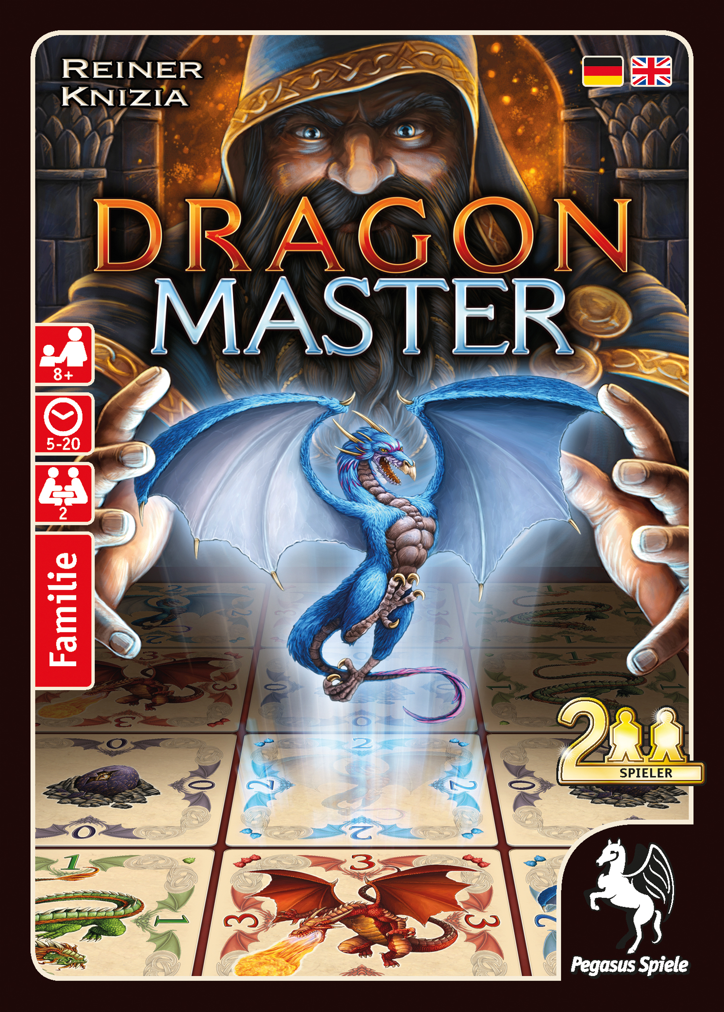Schachtelkunst für das Spiel Dragon Master mit einem Zauberer, einem Drachen und Spielkomponenten.