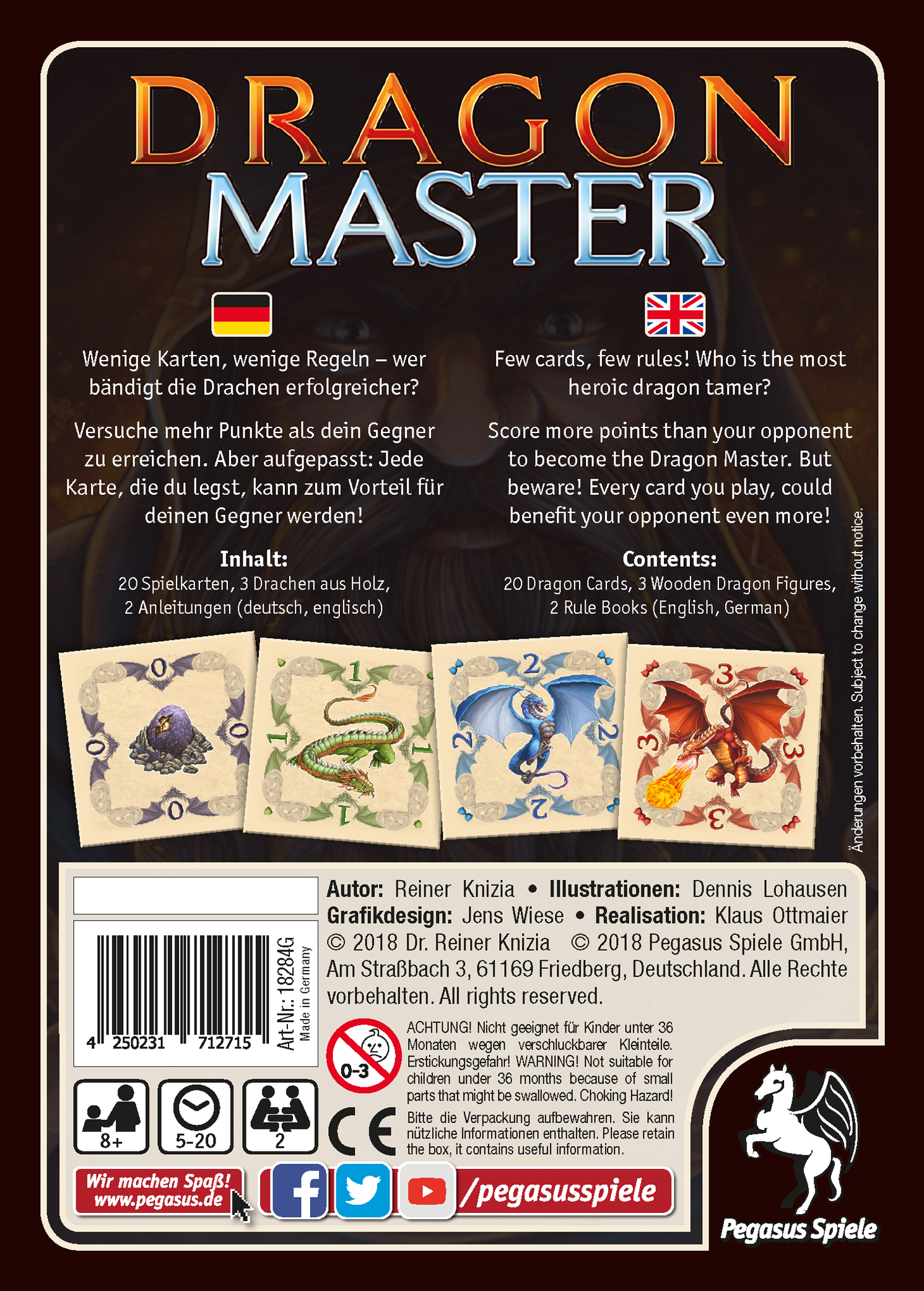 Rückseite der Brettspielbox. Englischer und deutscher Text mit Spielkomponenten.