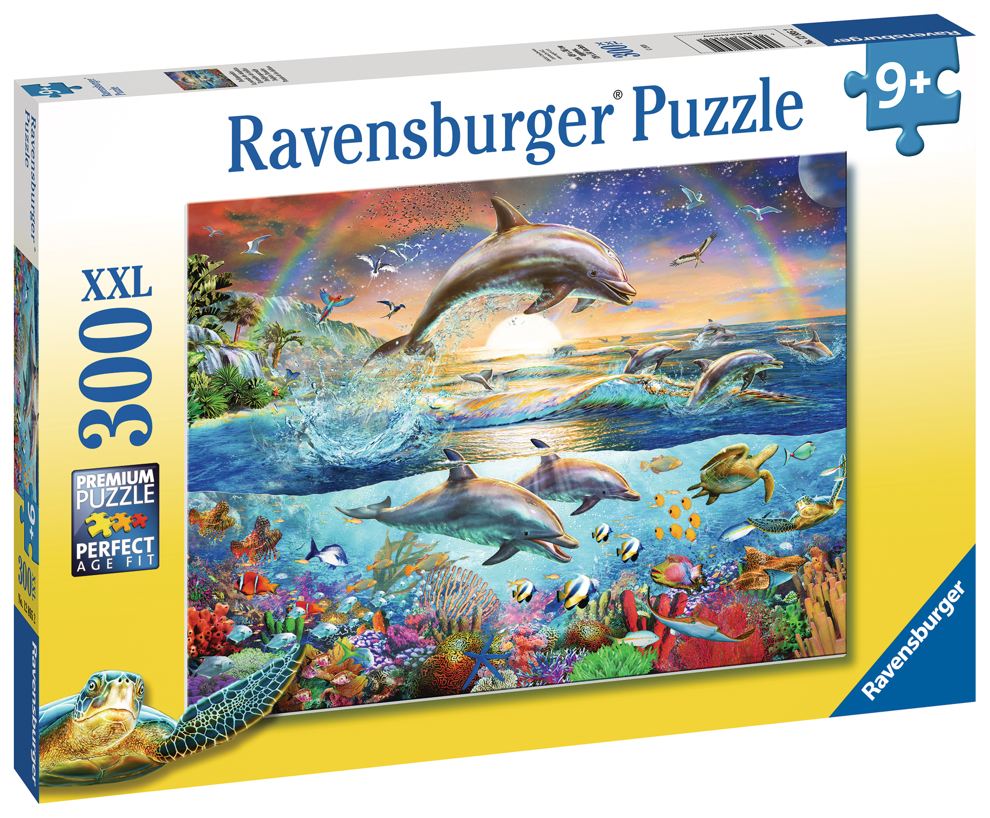 Una scatola di puzzle che mostra i delfini che saltano fuori dall'oceano sotto un arcobaleno.