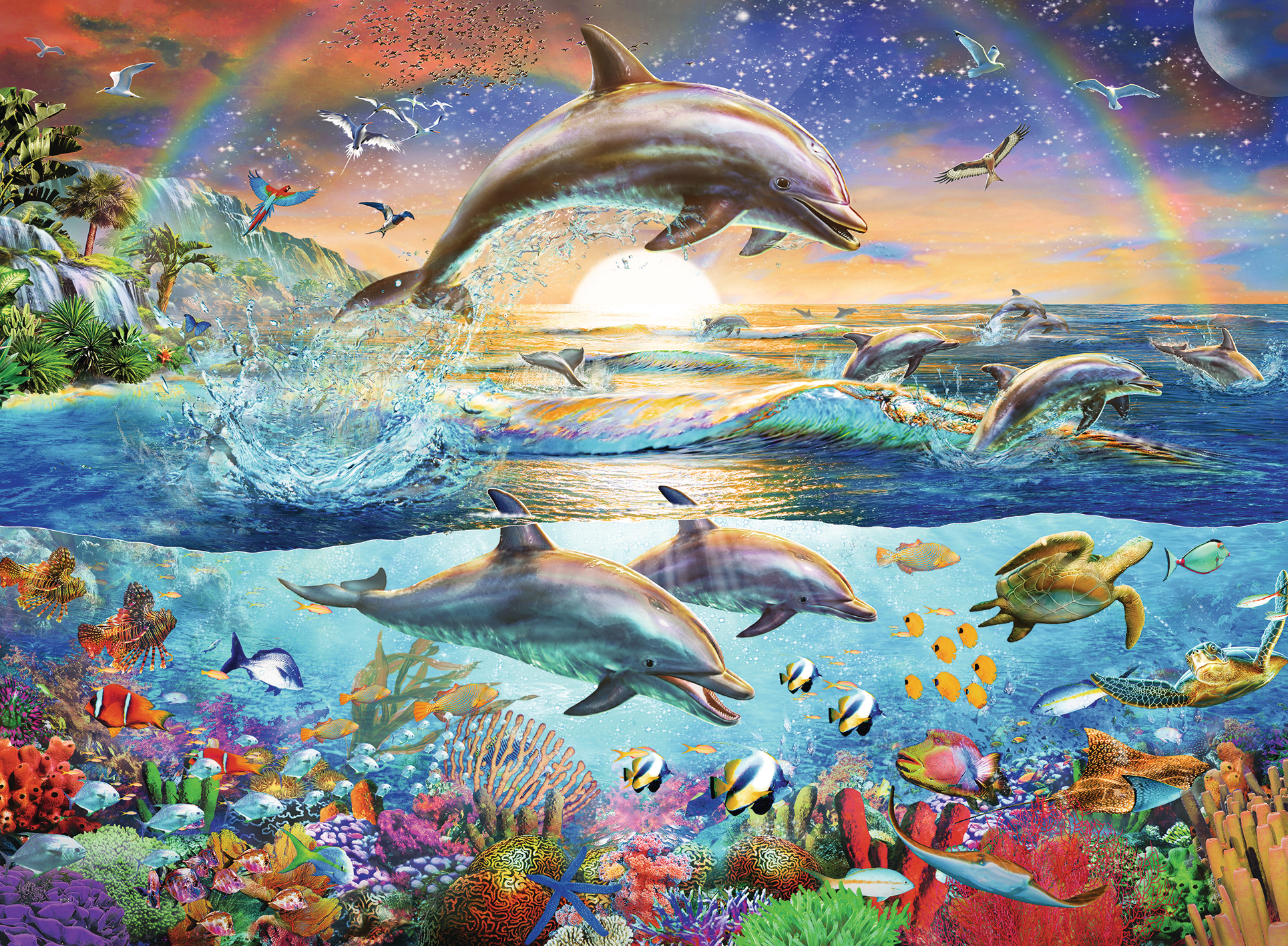 Delfini che saltano fuori dall'acqua, scena subacquea con pesci.