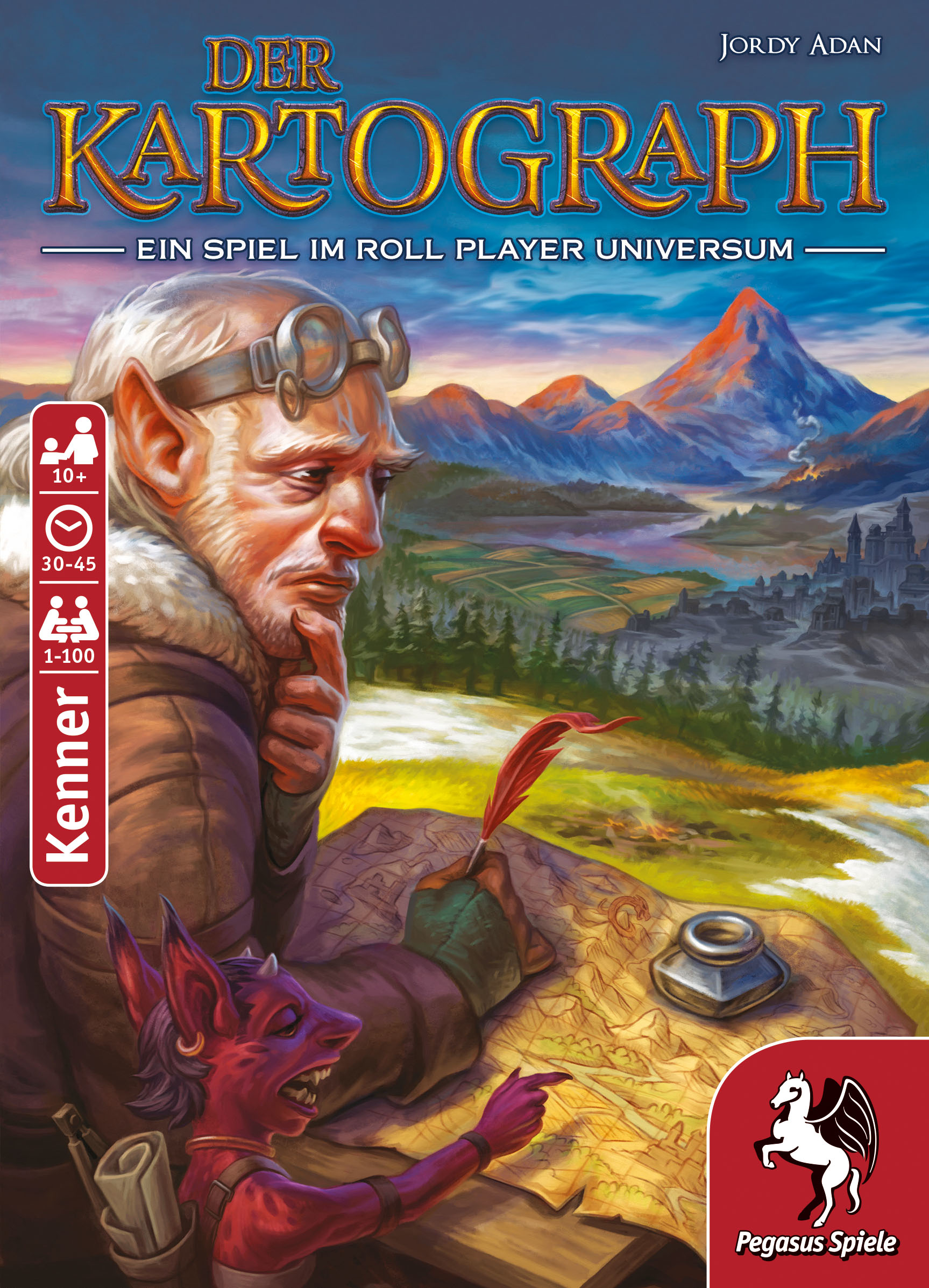 Brettspielbox mit einer Illustration eines Elfen, eines roten Goblins und einer Berglandschaft.