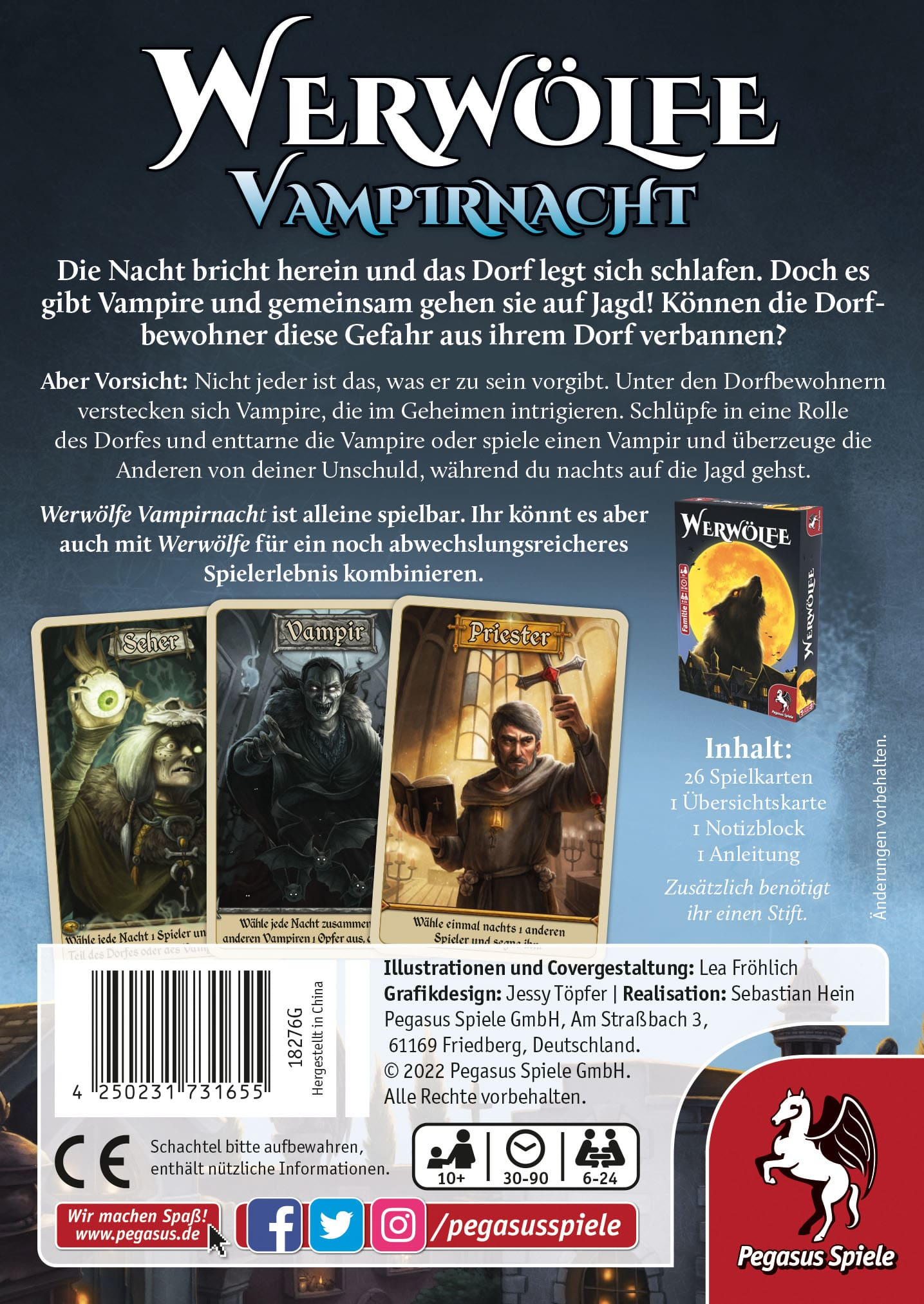Dos de boîte de jeu, avec Loups-garous contre Vampires, images de cartes, détails.